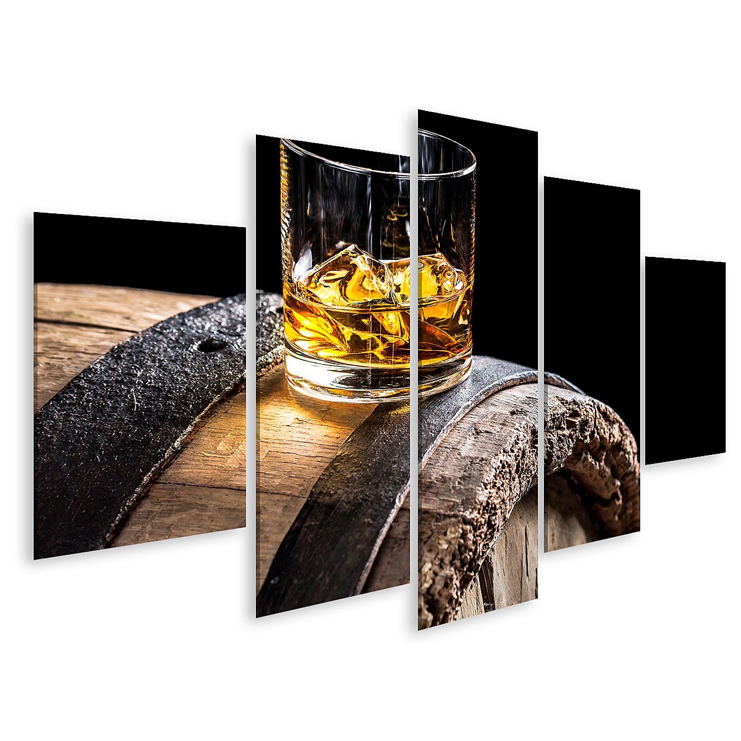 Leinwandbild Bild auf Leinwand Glas Whisky mit Eis auf altem Eichenholzfass Wandbil