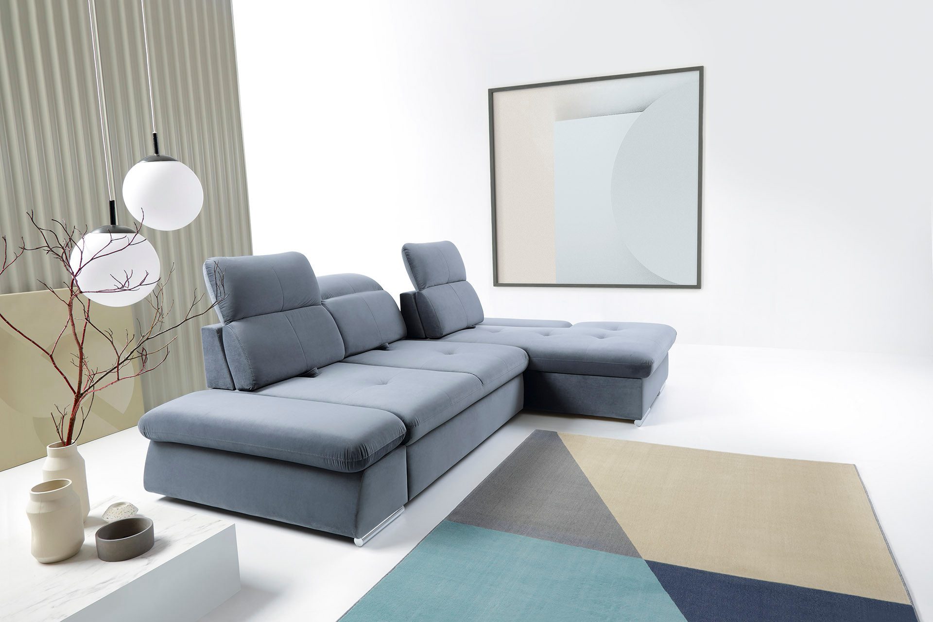 Goldstoff Ecksofa Modernes Sofa mit Schlaffunktion, Bettkasten und verchromten Füßen