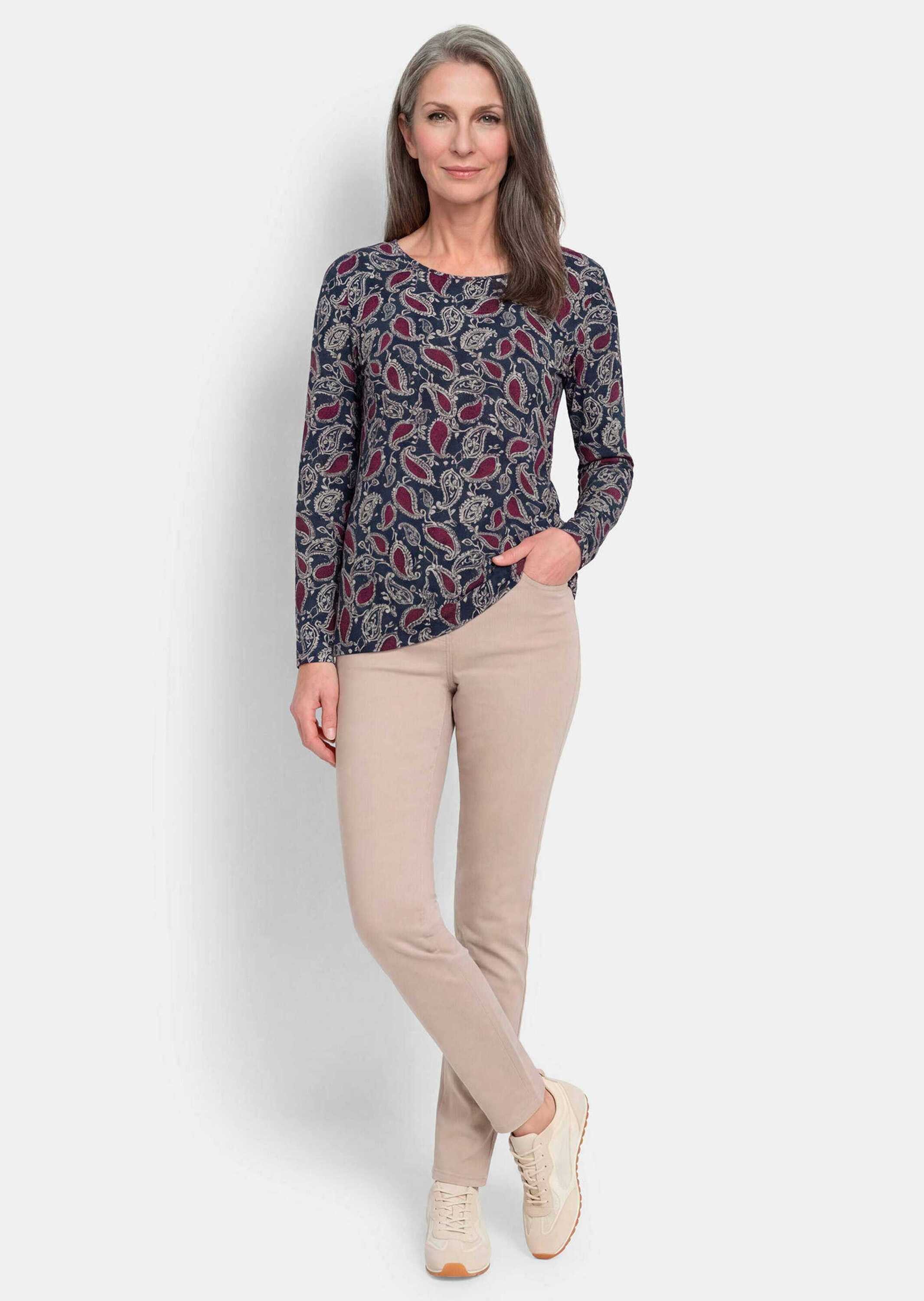 GOLDNER Print-Shirt Kurzgröße: Viskoseshirt mit Paisley-Druck Langarmshirt mit Rundhalsausschnitt aus Viskose-Jersey
