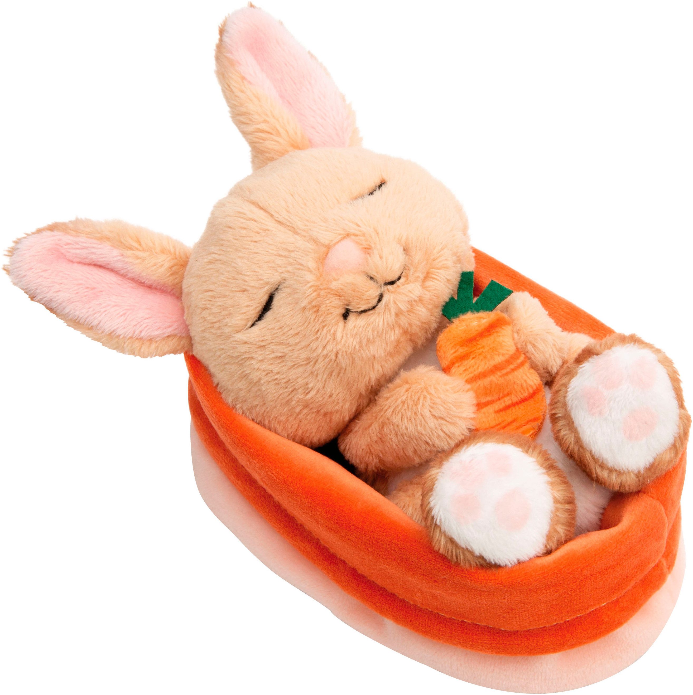 Nici Kuscheltier Sleeping Pets GREEN, Hase mit Karotte 12 cm peach, schlafend im Körbchen