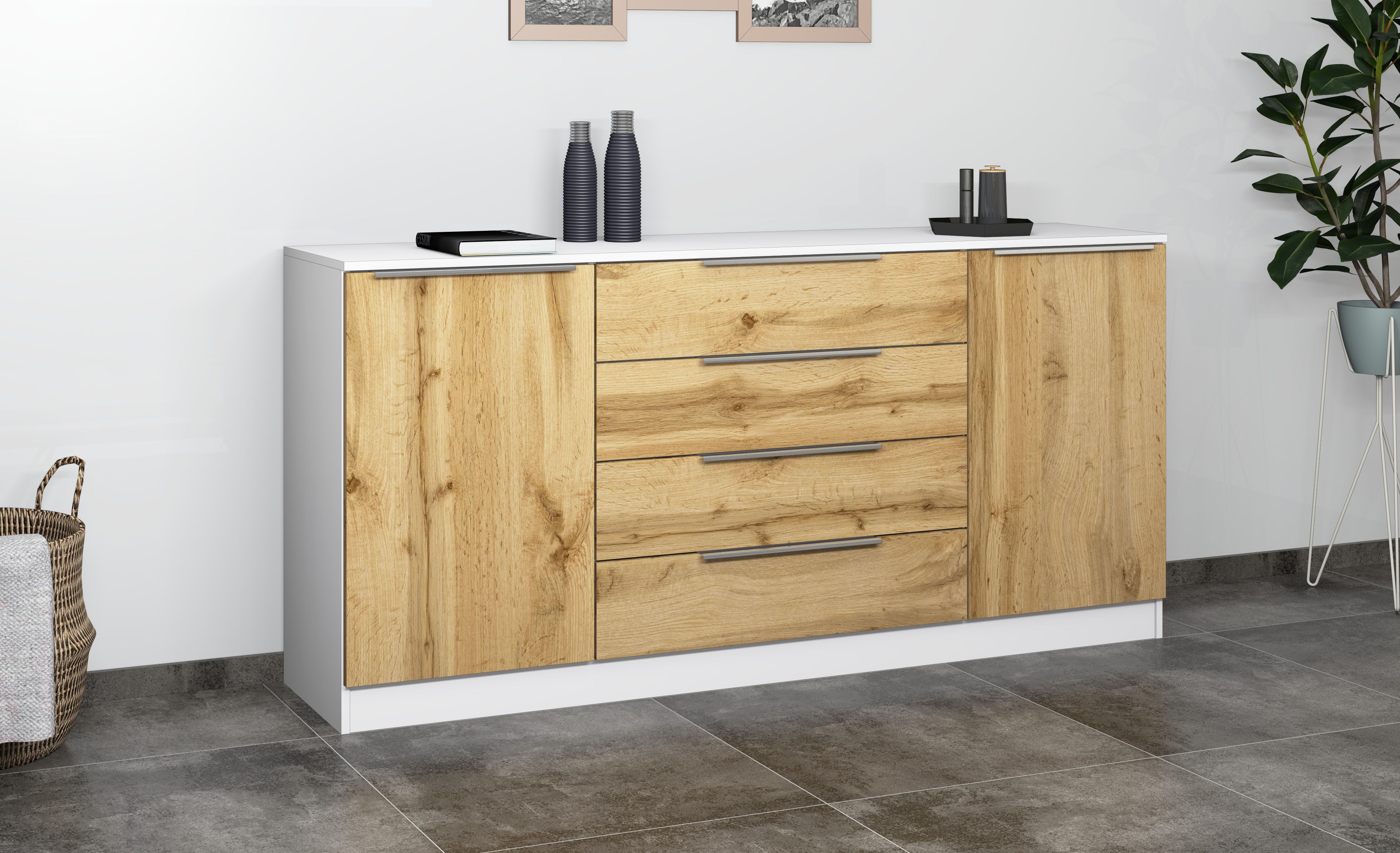 borchardt Möbel Kommode Oliva, Kommode mit Metallgriffen, Breite 166 cm, mit 4 Schubkästen