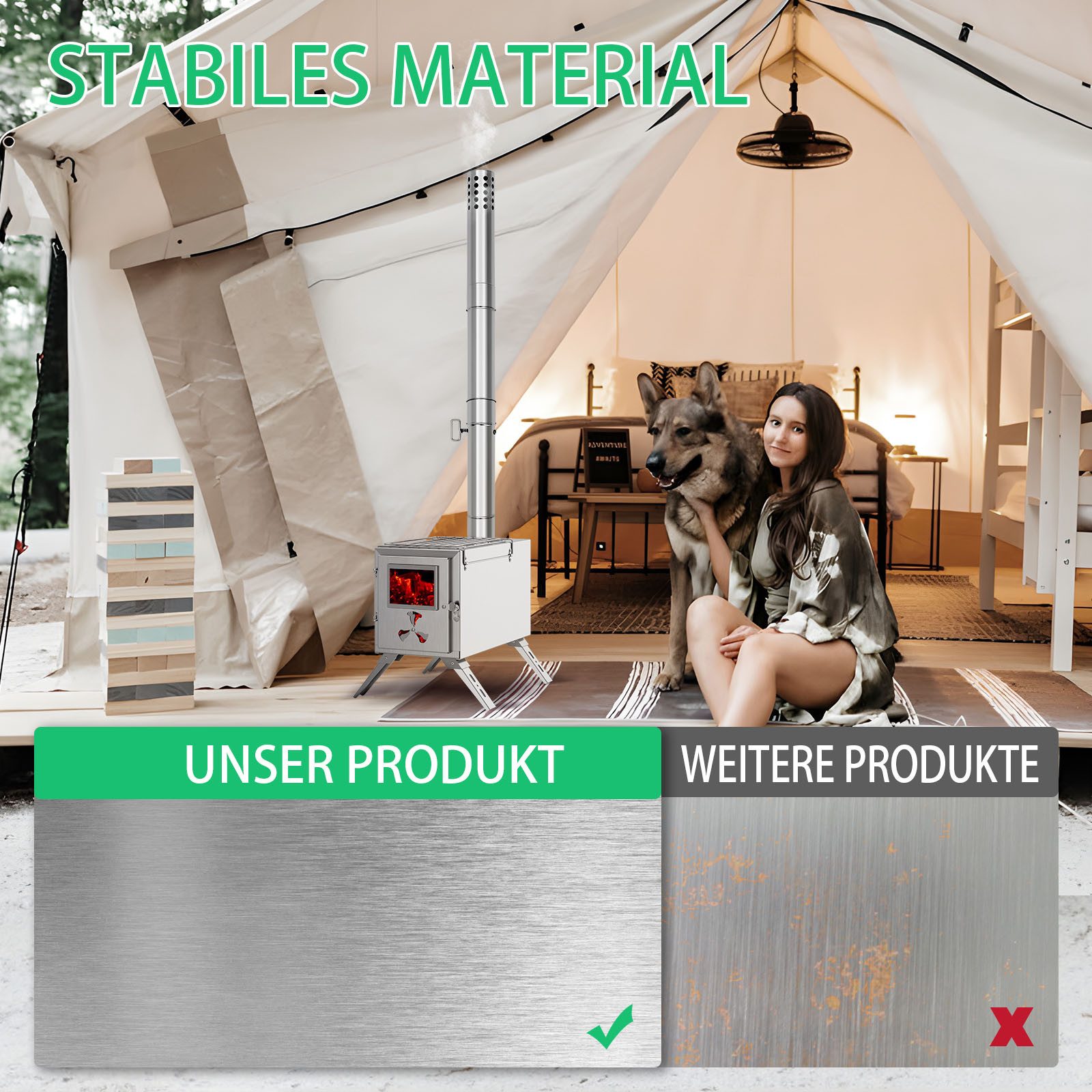 Meulbaty Feuerstelle Heißer Zeltofen, Camping-Holzofen für Zelt, tragbarer Holzofen, (1-St), aus Edelstahl, mit 7 Kaminrohren für Wandzelt-Camping, Kochen