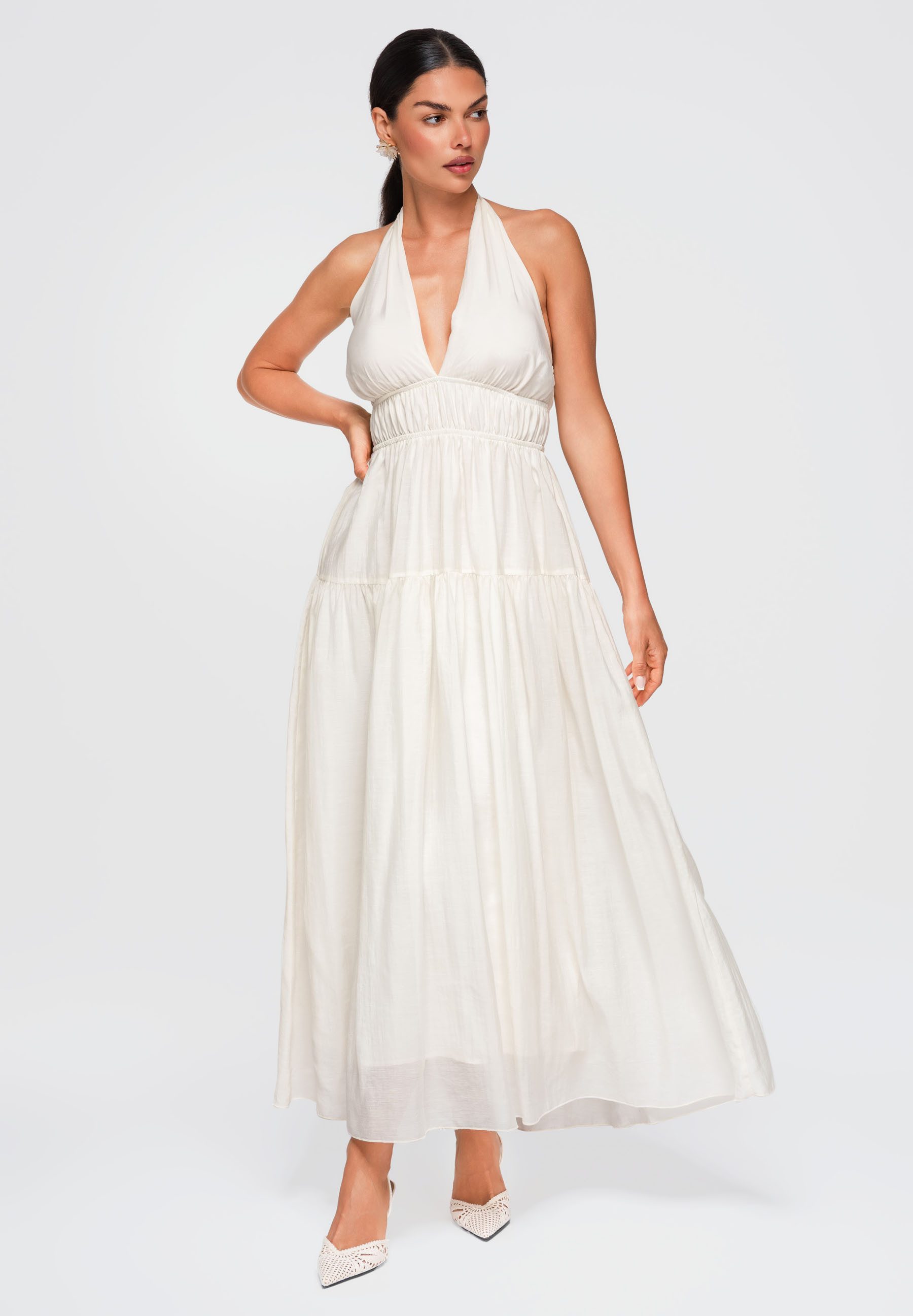 OMBRE Maxikleid Damen Maxikleid mit V-Ausschnitt elegant Ecru M (kein Set, 1-tlg)