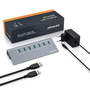 Primewire USB-Adapter, USB 3.2 Gen2 Hub, 7 Port Verteiler aktiv mit Netzteil, 10 Gbit/s