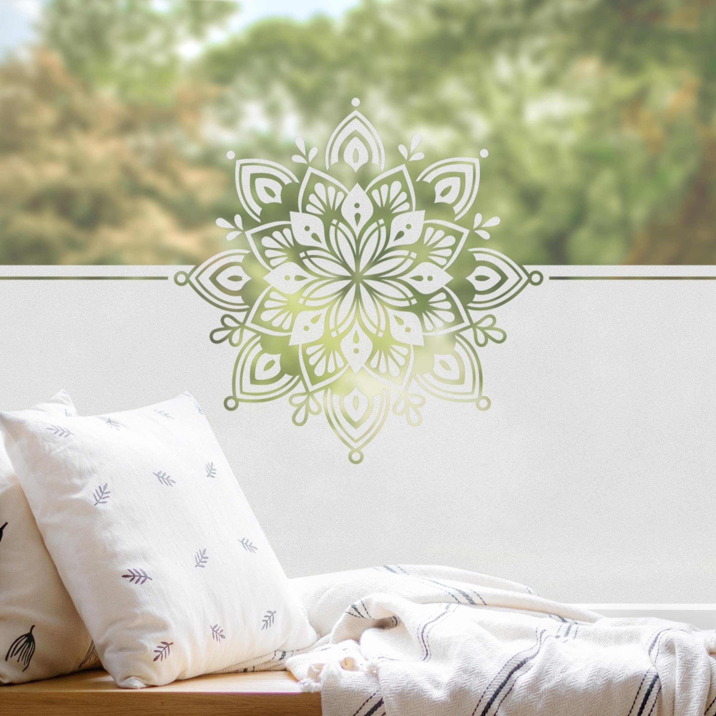 Motiv Fensterdeko Wohnzimmer Tür blickdicht, Schlafzimmer Fensterfolie Wellness, Bilderdepot24, statisch Fenster haftend Badezimmer Mandala Ornament Balkontür Küche Innen Bordüre