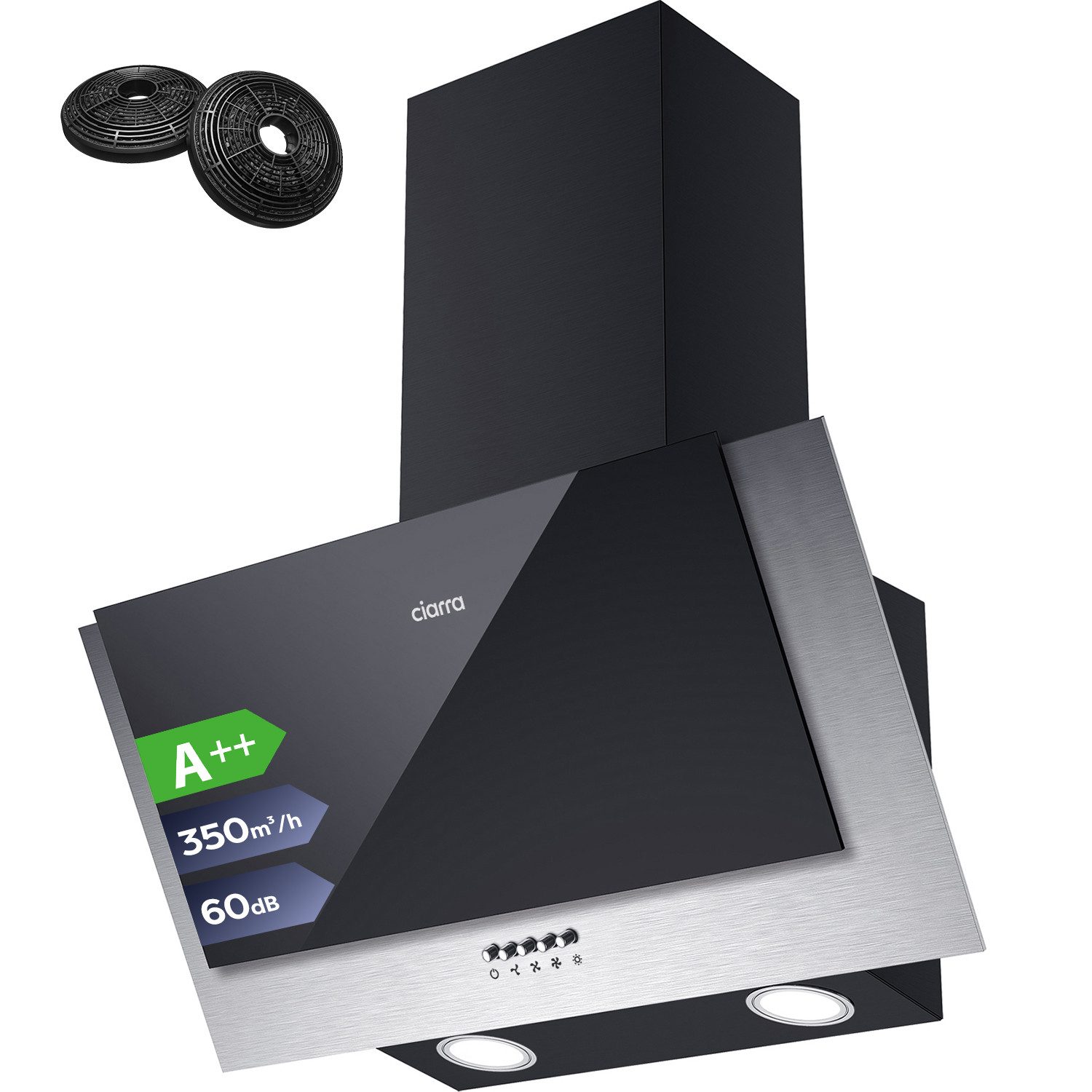 CIARRA Kopffreihaube 60 cm A++ 350m³/h Schräghaube Abluft & Umluft CBCB6736C 60 cm A++ 350m³/h Schräghaube Abluft & Umluft CBCB6736C, Kopffrei Dunstabzugshaube 60 cm mit Kohlefilter & LED 3 Stufen
