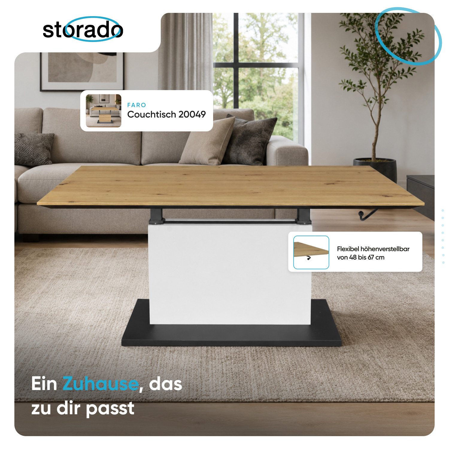 Storado Couchtisch Faro 110×60cm, Couchtisch mit Liftfunktion, Farbe wählbar, Flexible Höhenverstellung durch komfortable Liftfunktion