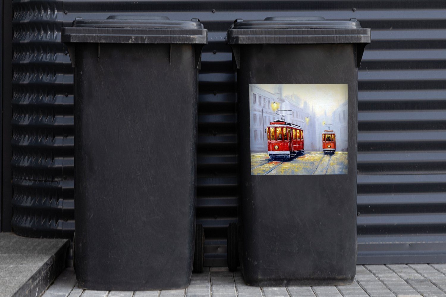 MuchoWow Wandsticker Gemälde - Straßenbahn Öl Sticker, Mülleimer-aufkleber, - (1 - St), Abfalbehälter Mülltonne, Container, Stadt