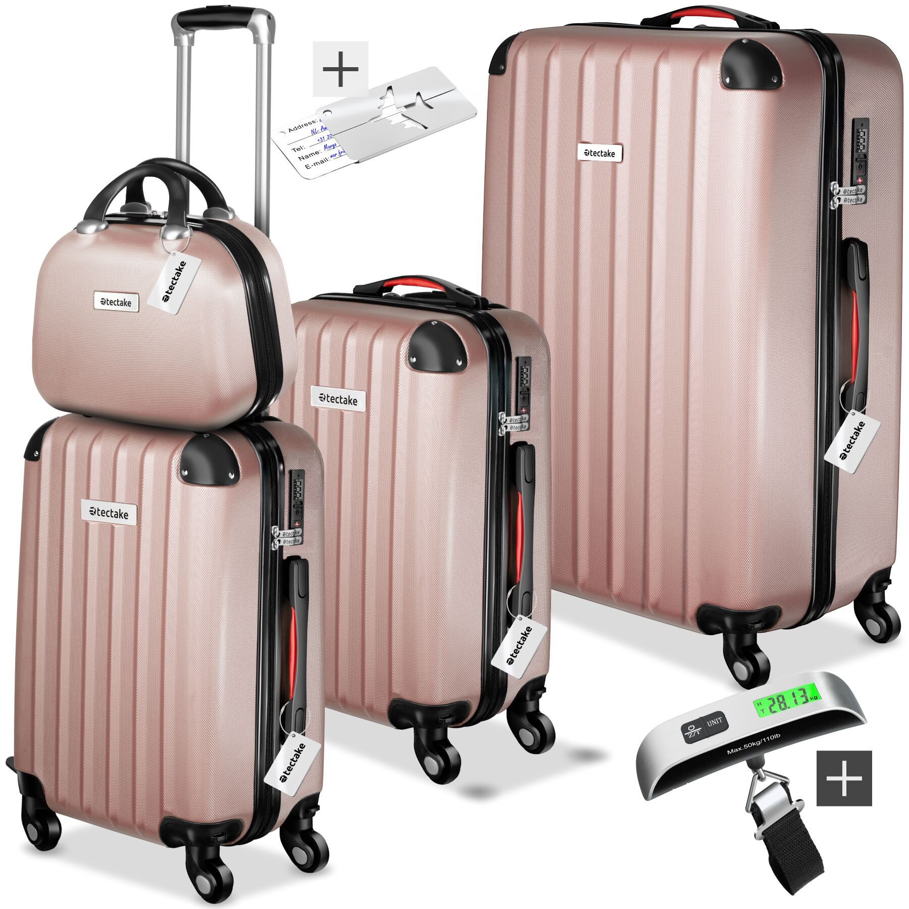 tectake Trolley Hartschalenkoffer-Set, 4 Rollen, 4-teilig, 3 Trolleys, 1 Beauty Case inkl. Kofferwaage und -anhänger