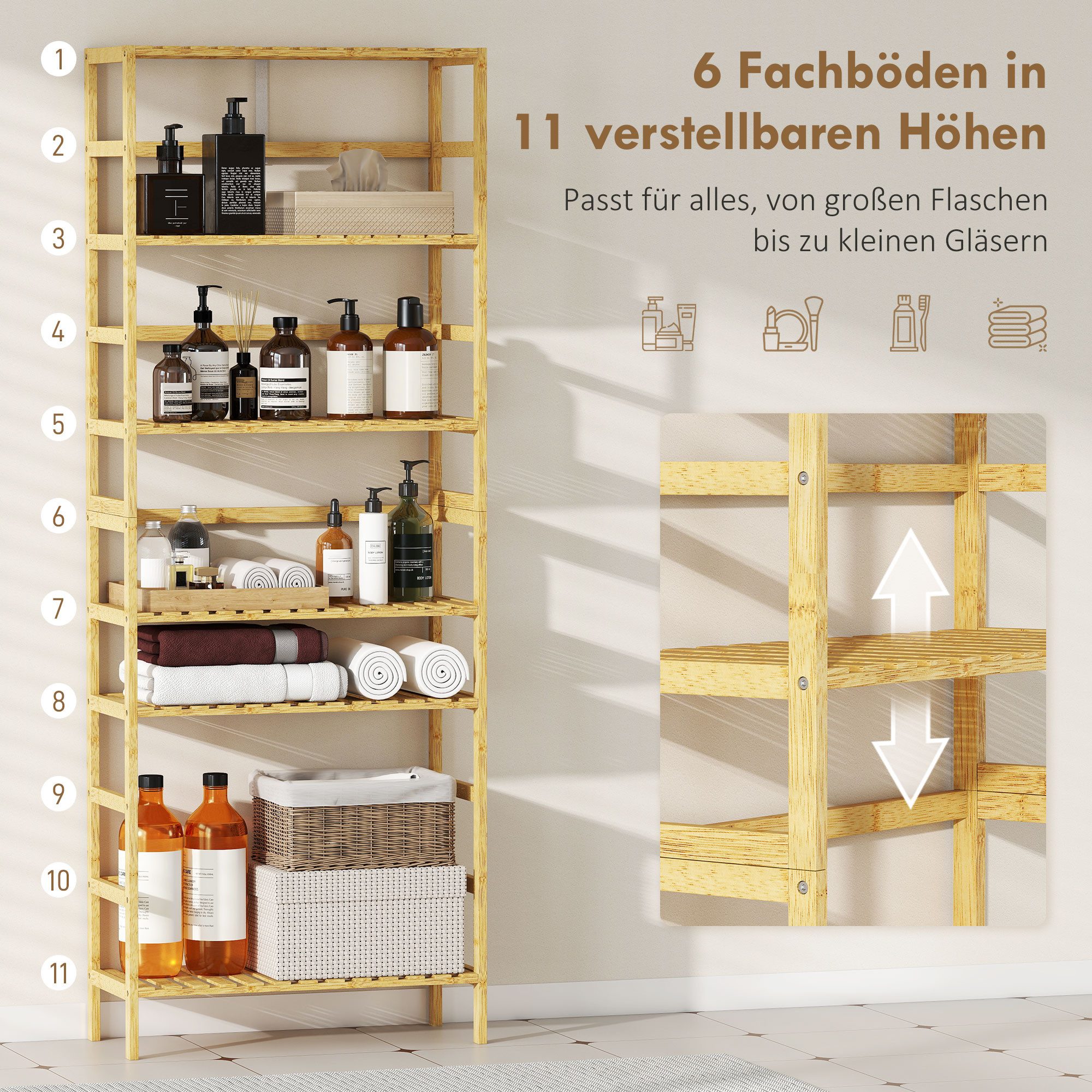 HOMCOM Standregal Badregal Bambus Küchenregal, für Bad, Wohnzimmer, 60 x 26 x 161 cm, 6-stöckiges Bücherregal 1-tlg., höhenverstellbare Regalböden, Naturholz – Bild 4 von 5