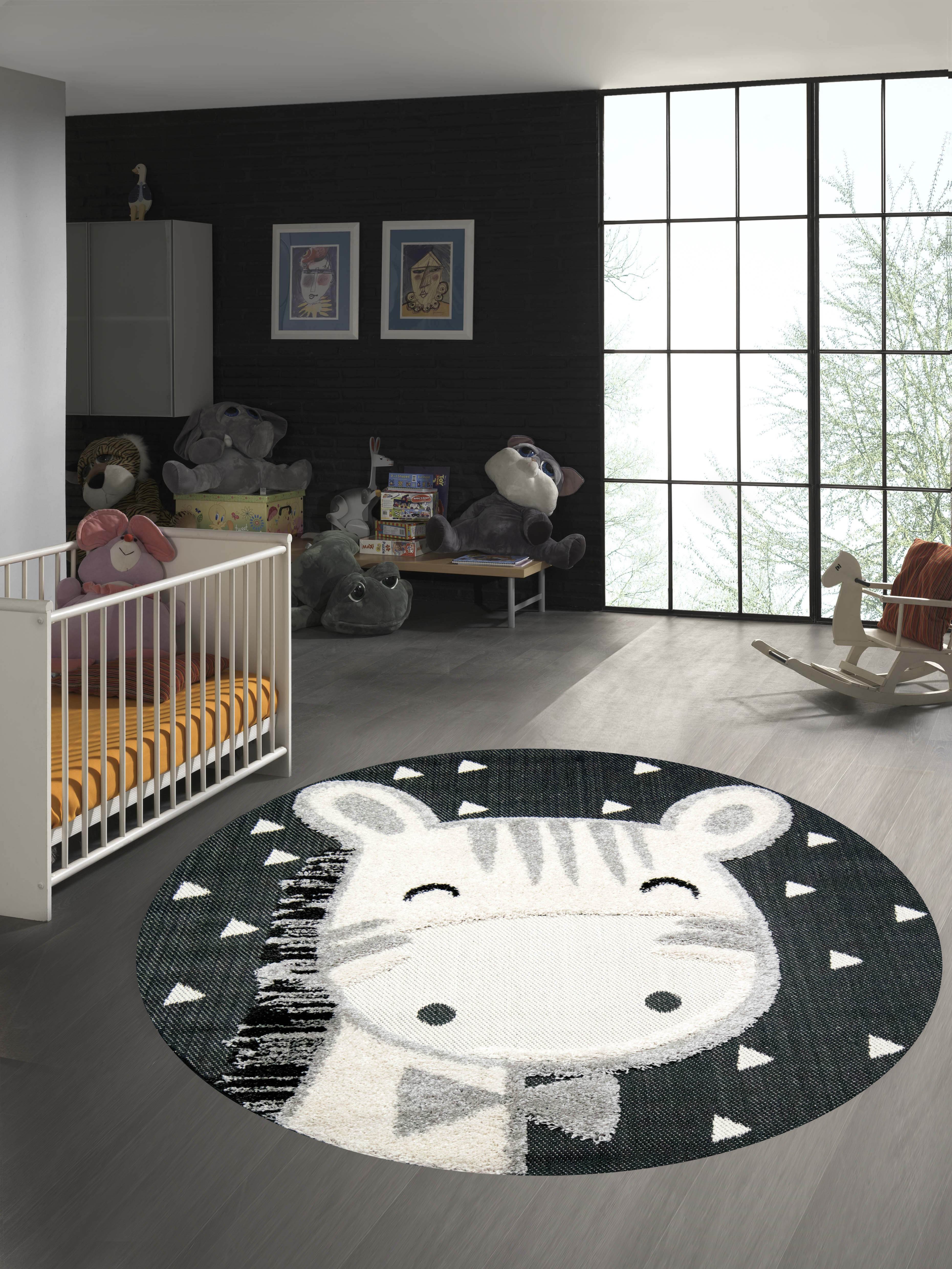 TeppichHome24 Kinderteppich Kinderzimmer 3D Optik Pferd creme grau schwarz, Rund, Höhe: 20 mm