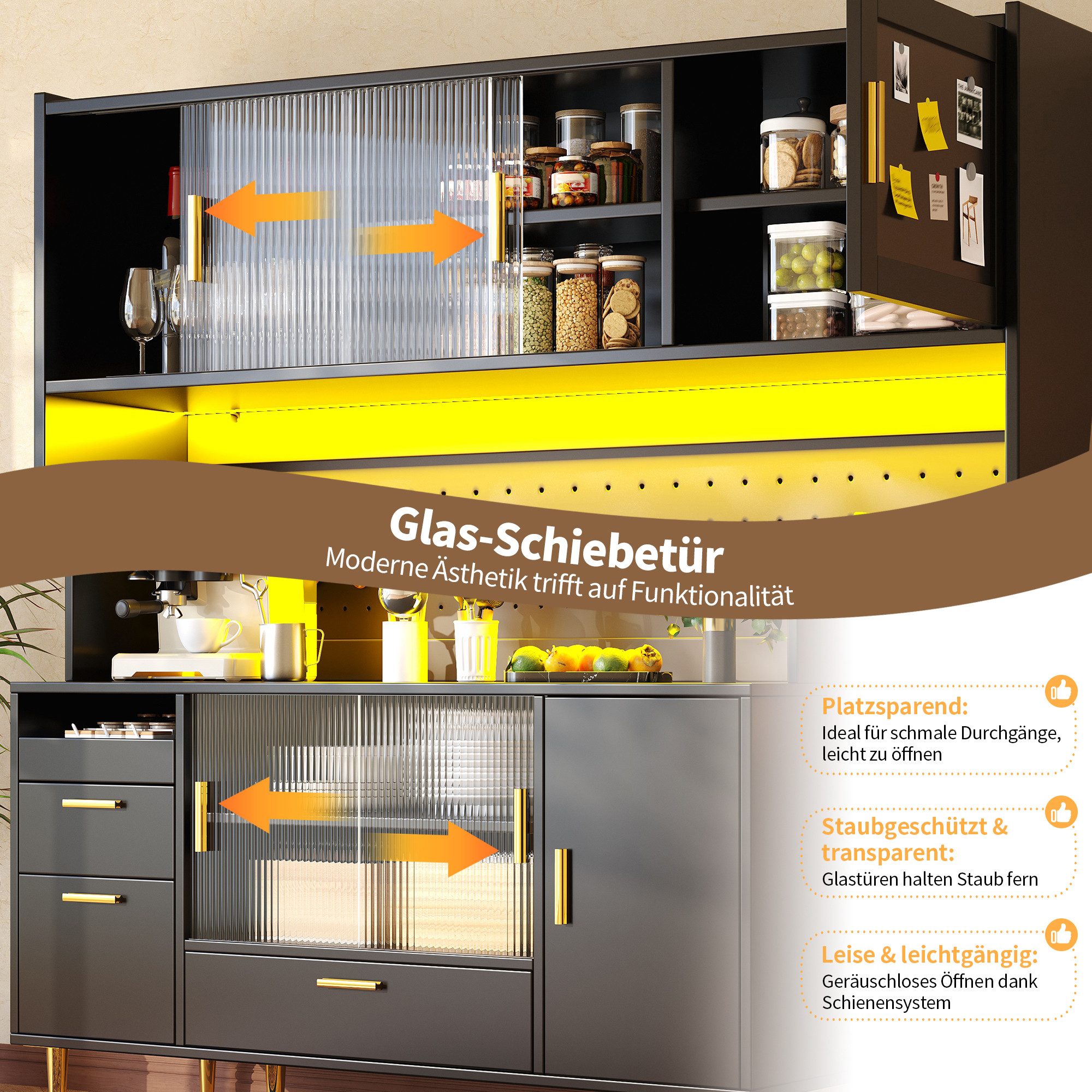 Celya Hochschrank Buffetschrank Küchenschrank mit LED-Beleuchtung und Lochwand (mit 4 Schubladen und verstellbare Einlegeböden, mit Glas-Schiebetüren und Magnettür, belastbar bis 60kg) ideal für Küche, Esszimmer oder Wohnbereich