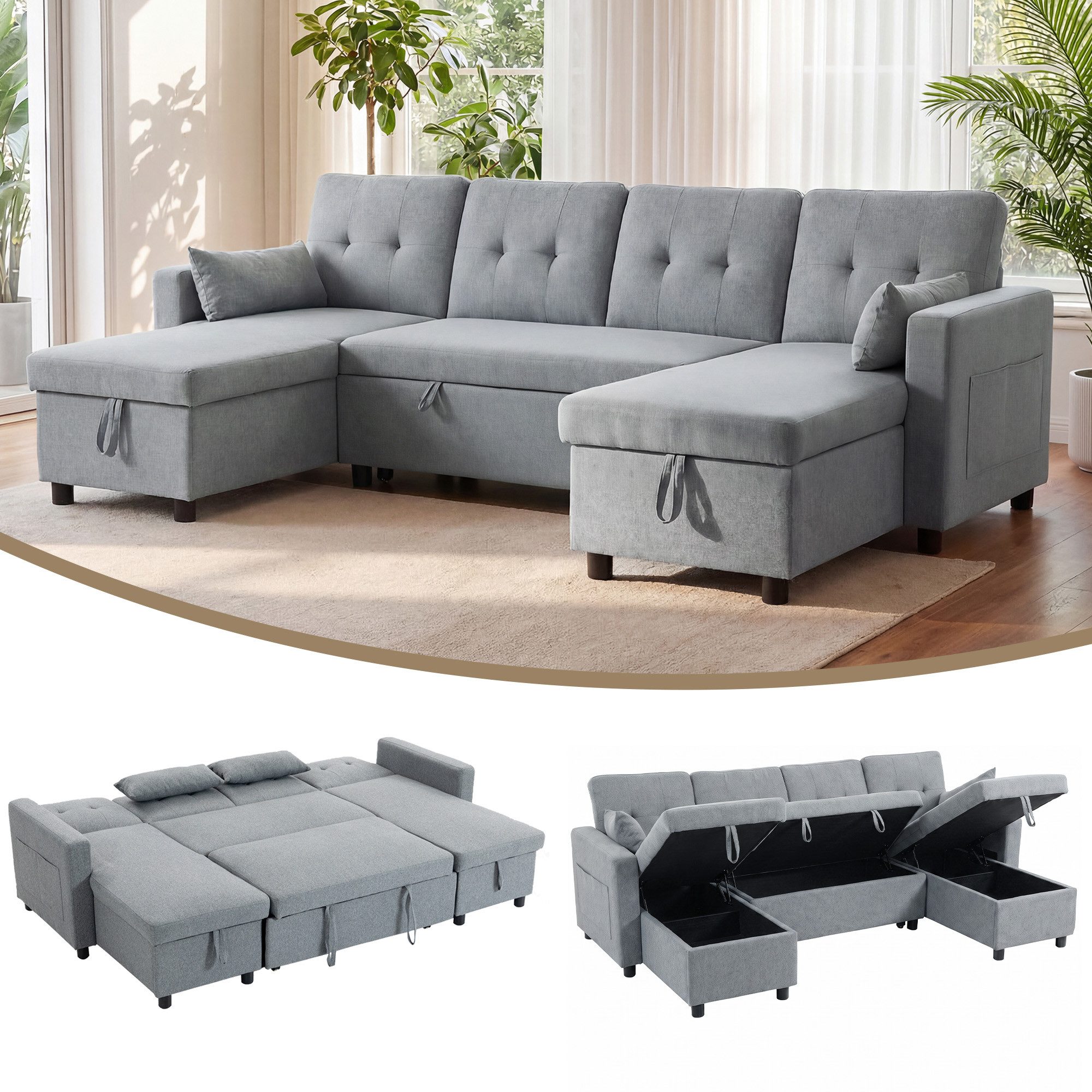 HOMCOM Ecksofa Ausziehbares Schlafsofa Schlafcouch mit Kissen, Eckcouch 1 Teile, 3-fach verstellbare Rückenlehne, Bettkasten, Schlafsofa
