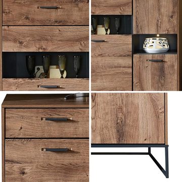 Lomadox Highboard MINNEAPOLIS-55, Haveleiche Cognac mit graphit inkl. LED-Beleuchtung ca 99/151/38 cm