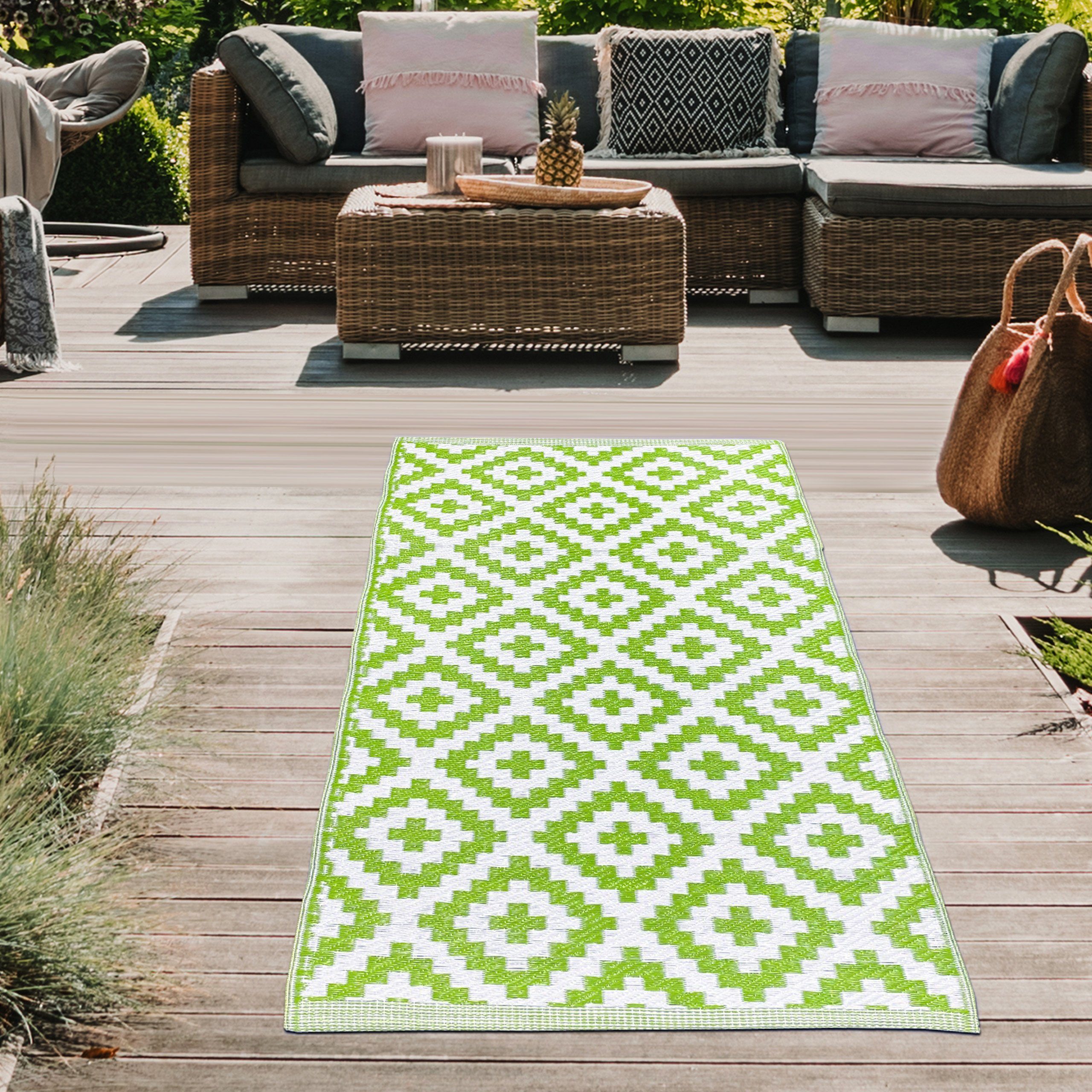 Outdoorteppich Vielseitiger Ethno Outdoor-Teppich in grün weiß, Teppich-Traum,  rechteckig