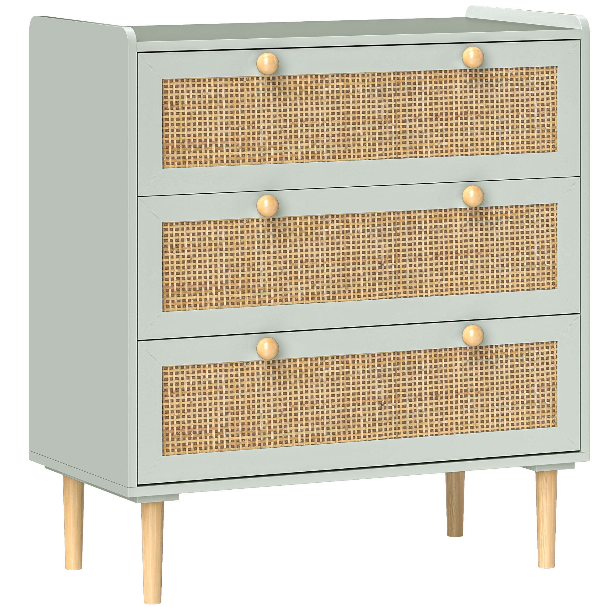 HOMCOM Kommode Beistellschrank mit 3 Schubladen, Boho-Stil, Rattanoptik (Schubladenkommode, 1 St., Sideboard), für Wohnzimmer, Schlafzimmer, Hellblau 80 x 40 x 87,5 cm