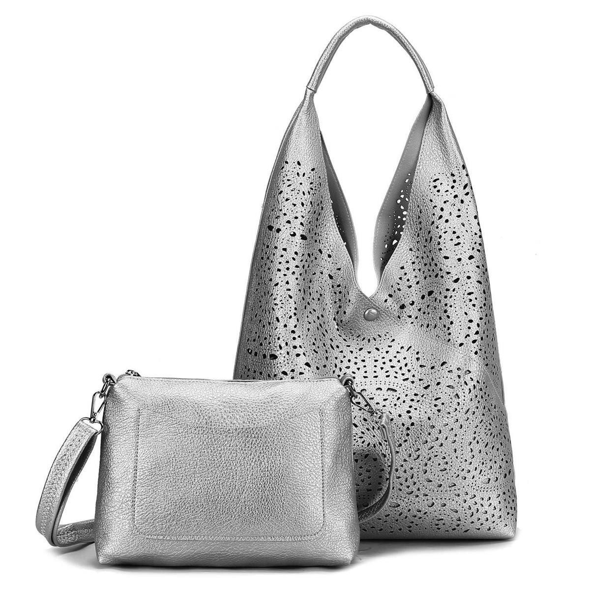 ITALYSHOP24 Schultertasche DAMEN XXL SHOPPER Set HOBO Cross Over Body Bag Umhängetasche Beutel (Spar-Set: Henkel Tasche mit CrossOver, Workbag Schule Tote Weekender, 2-tlg., mit Henkel & Schultergurt), Schmucktasche Smartphone Freizeit Abend Urlaub Leder Optik leicht