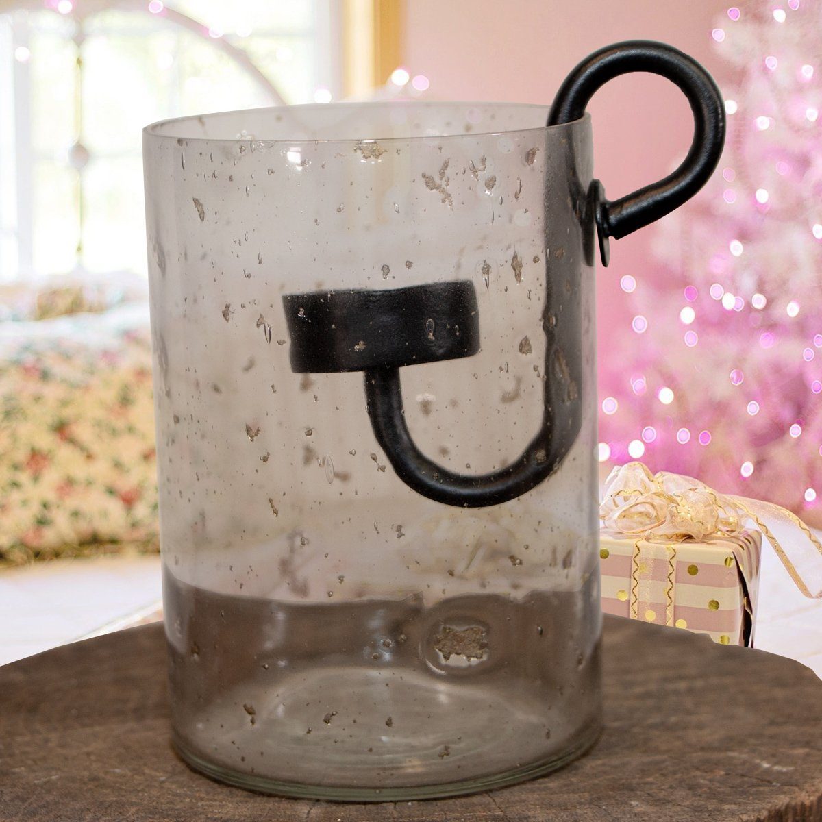 Antikas Kerzenhalter Teelichtglas und Einsatz, schwarz, Gekrakeltes Glas,  Weihnachten