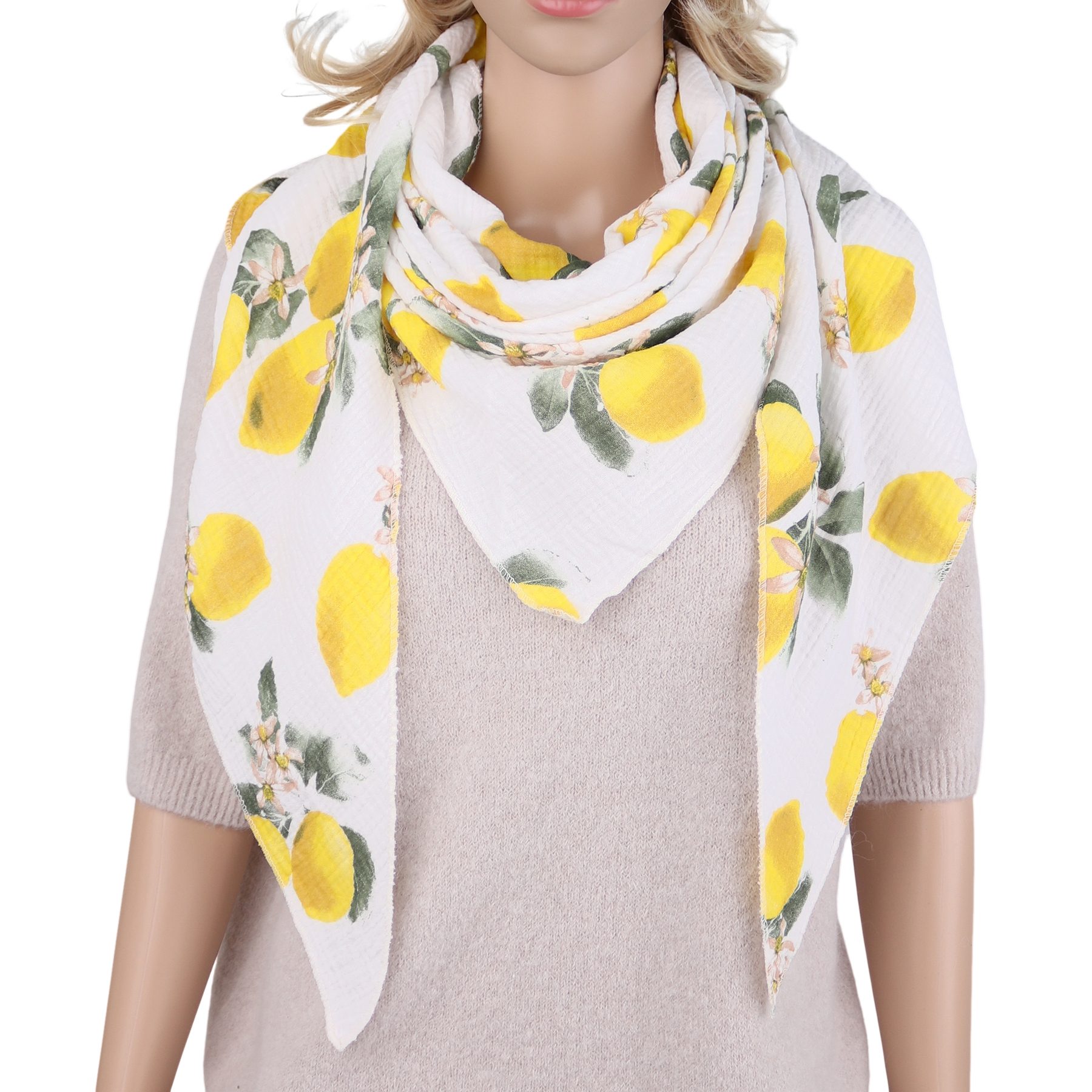 MIRROSI Dreieckstuch Aus Musellin Dreiecksschal ca.185x80 cm, Made in Italy, (Leicht ideal für das ganze Jahr, 100% Baumwolle), in tollen Farben (Lemon Print)