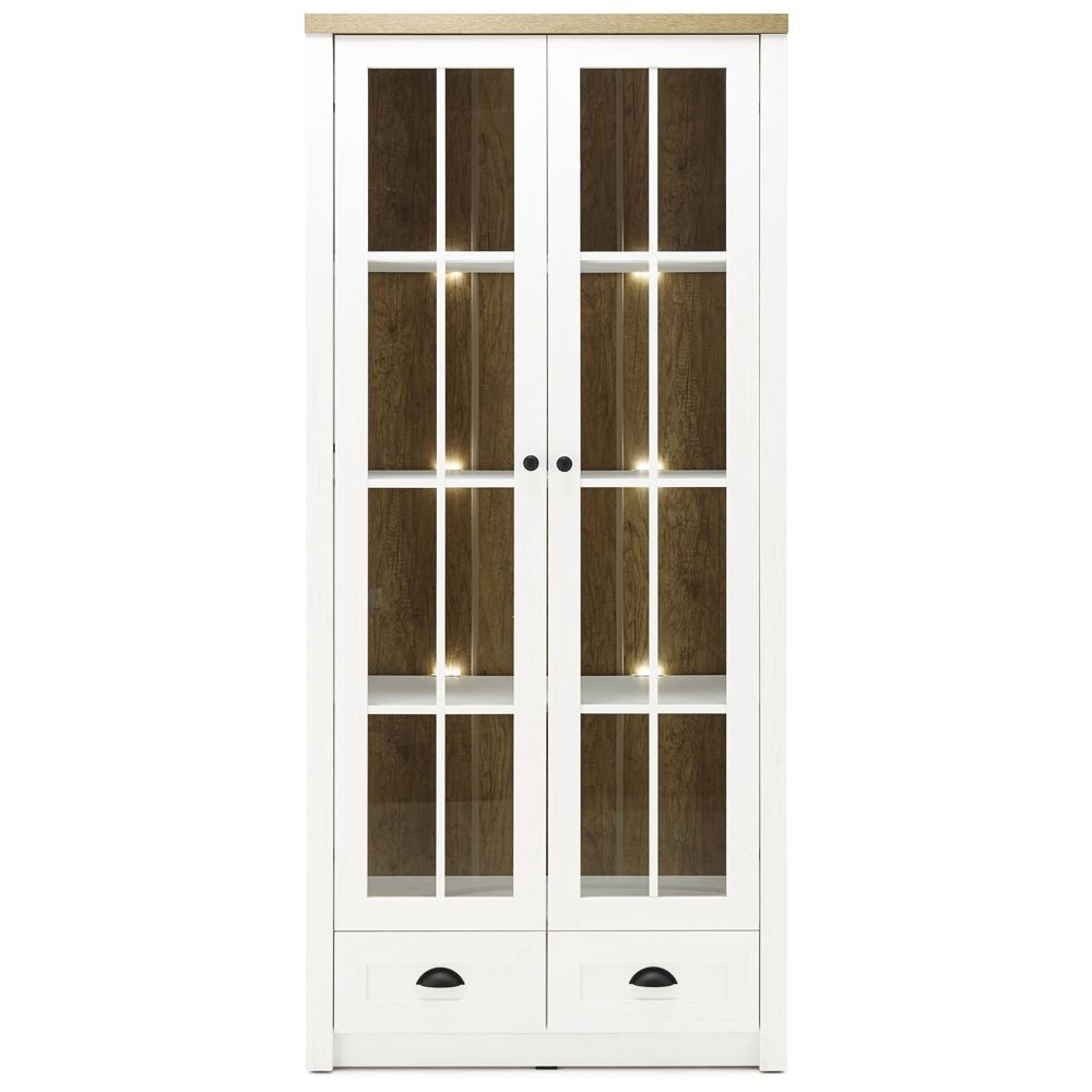 Lomadox Vitrine PISA-61 Pinie weiß und Eiche hell inkl. Beleuchtung 90/198/43 cm