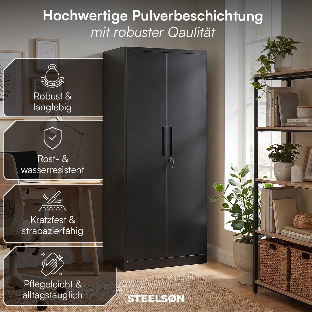 STEELSØN Aktenschrank Regulus aus Stahl, abschließbar (Schwarz) Spindschrank mit 4 höhenverstellbaren Einlegeböden, inkl. Schloss