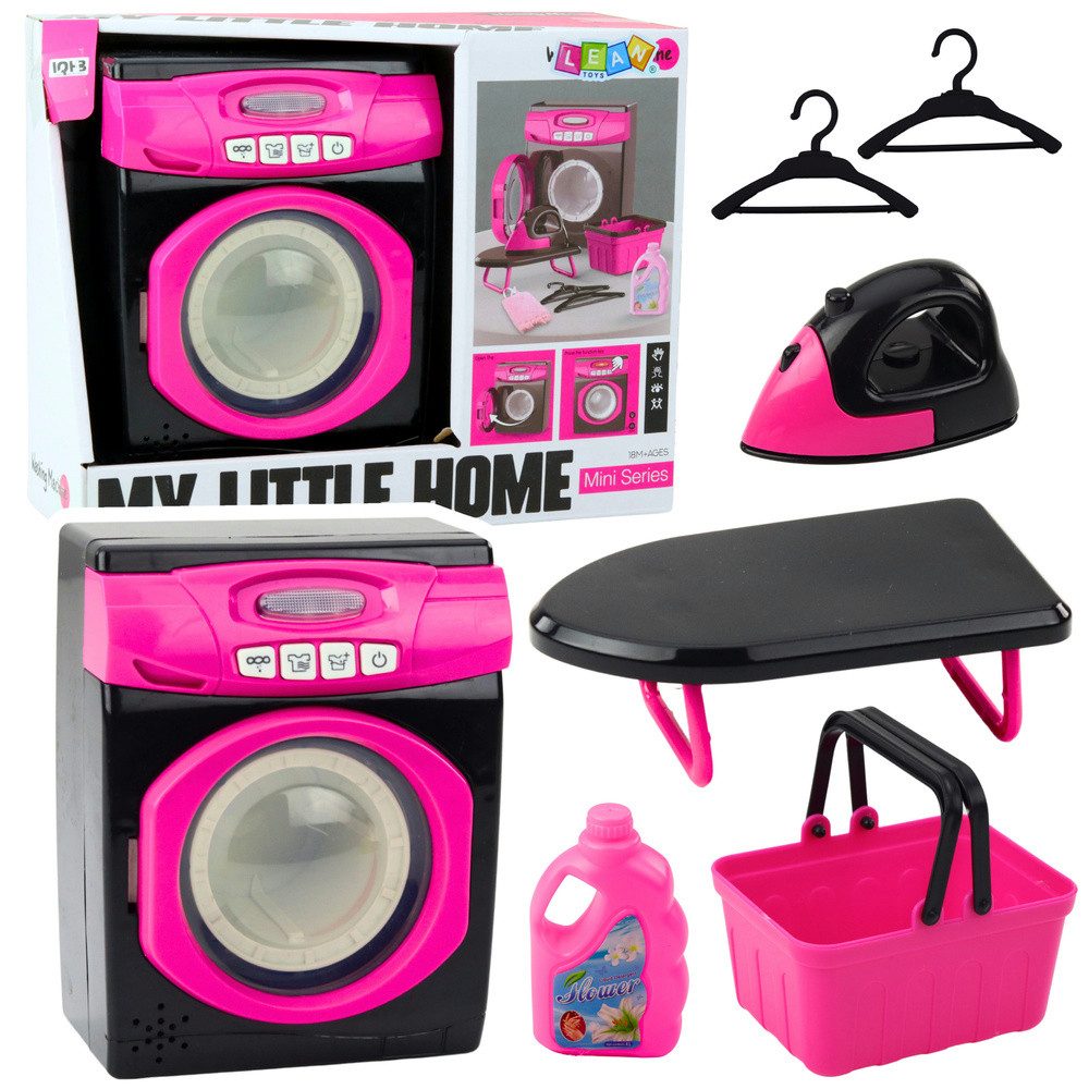 LEAN TOYS Kinder-Waschmaschine Spielwaschmaschine Haushaltsgeräteset Rollenspielzeug, (Spar-Set, 1-tlg., 17,5x14x8 cm interaktiv), Licht- & Soundeffekte, 3 Programme, bewegliche Trommel