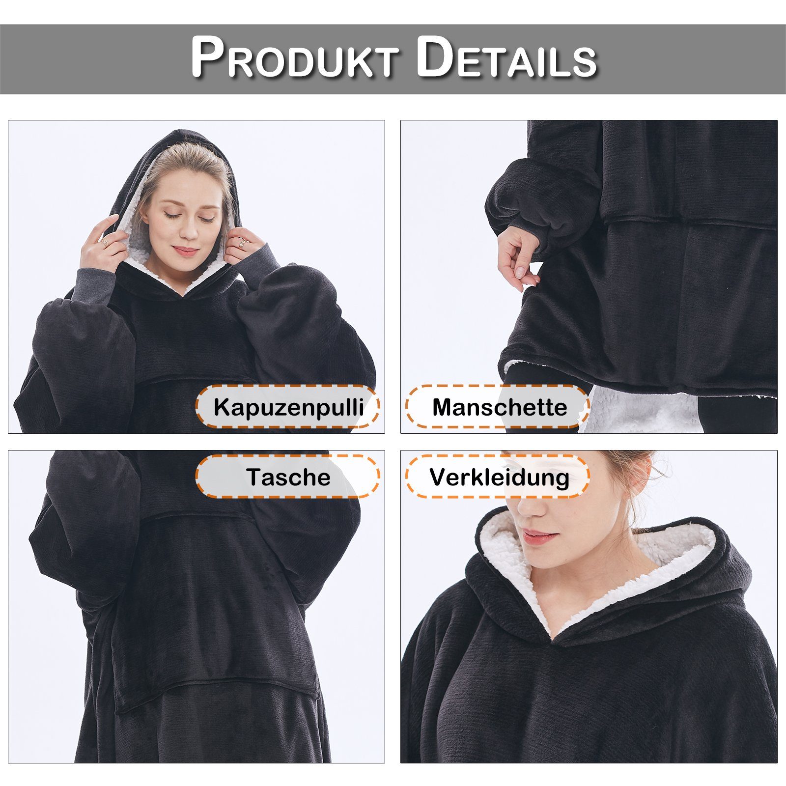 Wohndecke Übergroße Hoodie Fuzzy Fronttasche Super warme, Blanket, Sunicol, mit Riesenpullover weiche, großer Riesen-Hoodie, Gemütliche Schwarz komfortable