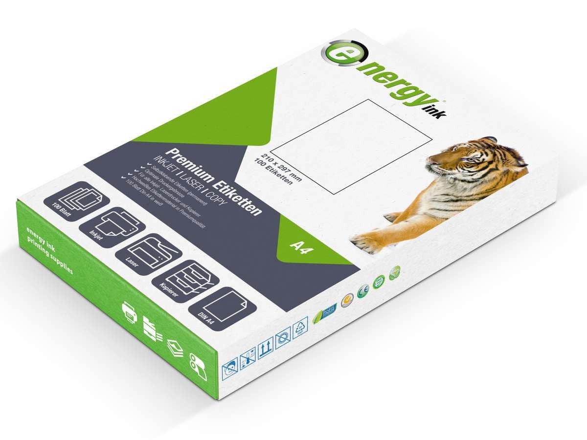 Energy-ink Etikettenpapier energy ink ET210x297, Etiketten 210 x 297 mm 100 Blatt - selbstklebend Din A4