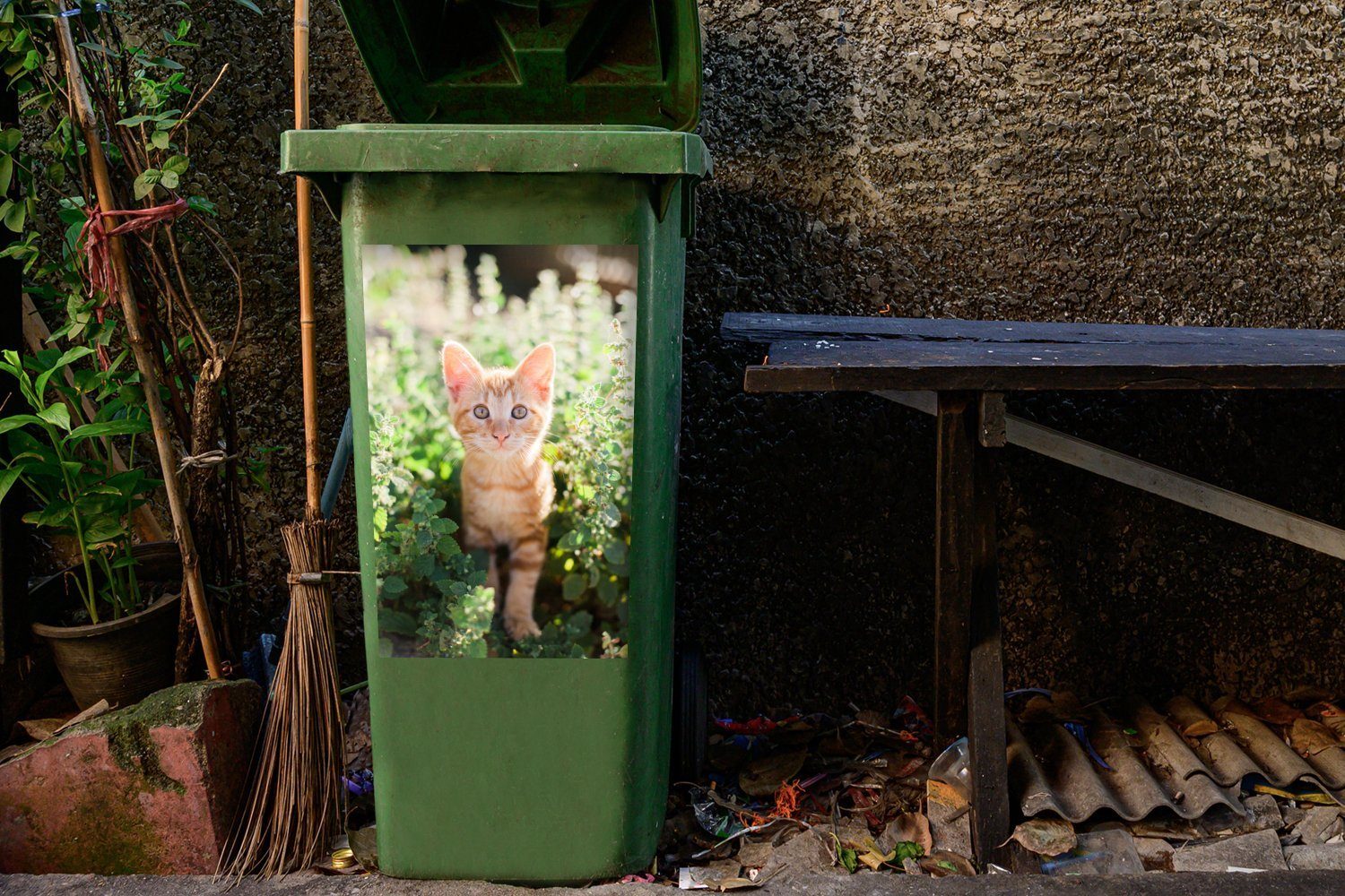 Ein MuchoWow Wandsticker Mülleimer-aufkleber, im Abfalbehälter Kätzchens Sticker, Mülltonne, eines Gebüsch Porträt Container, St), (1