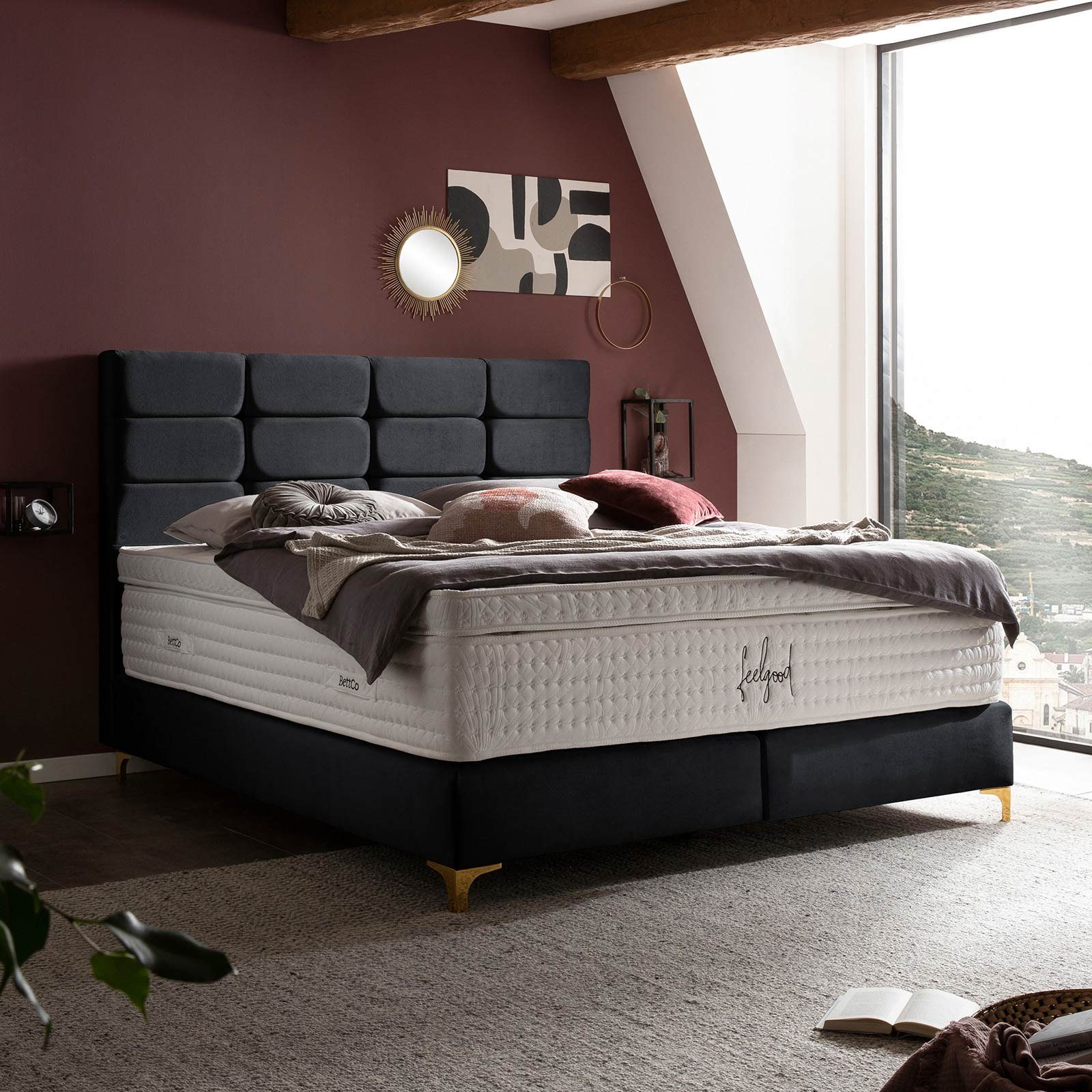 BettCo Boxspringbett Kansas (180 x 200 cm, in Schwarz Samt), Kachel-Design, günstig online kaufen