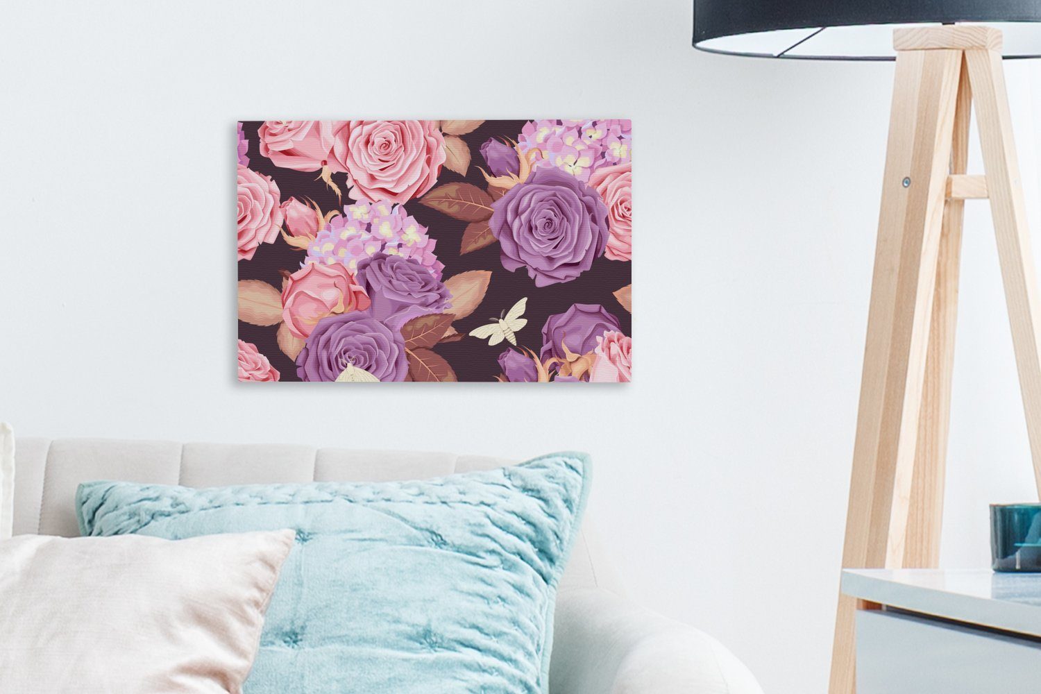 Leinwandbilder, OneMillionCanvasses® Rosa, cm Wandbild Blumen - Lila Aufhängefertig, - Leinwandbild (1 Wanddeko, Schmetterlinge St), - 30x20