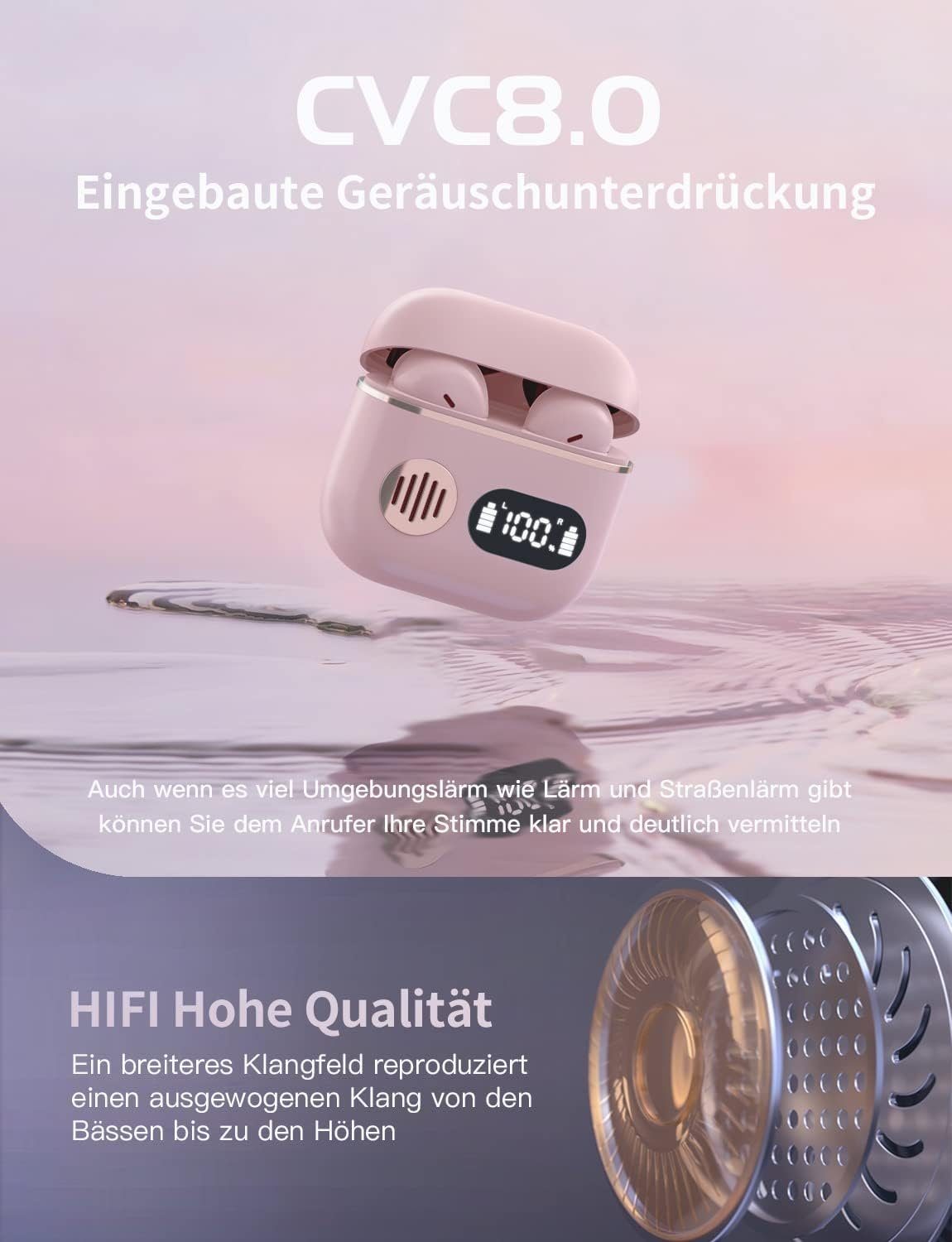 Bluetooth-Headset, Rauschunterdrückung Bluetooth-Kopfhörer MOUTEN digitale TWS Rosa kabelloses