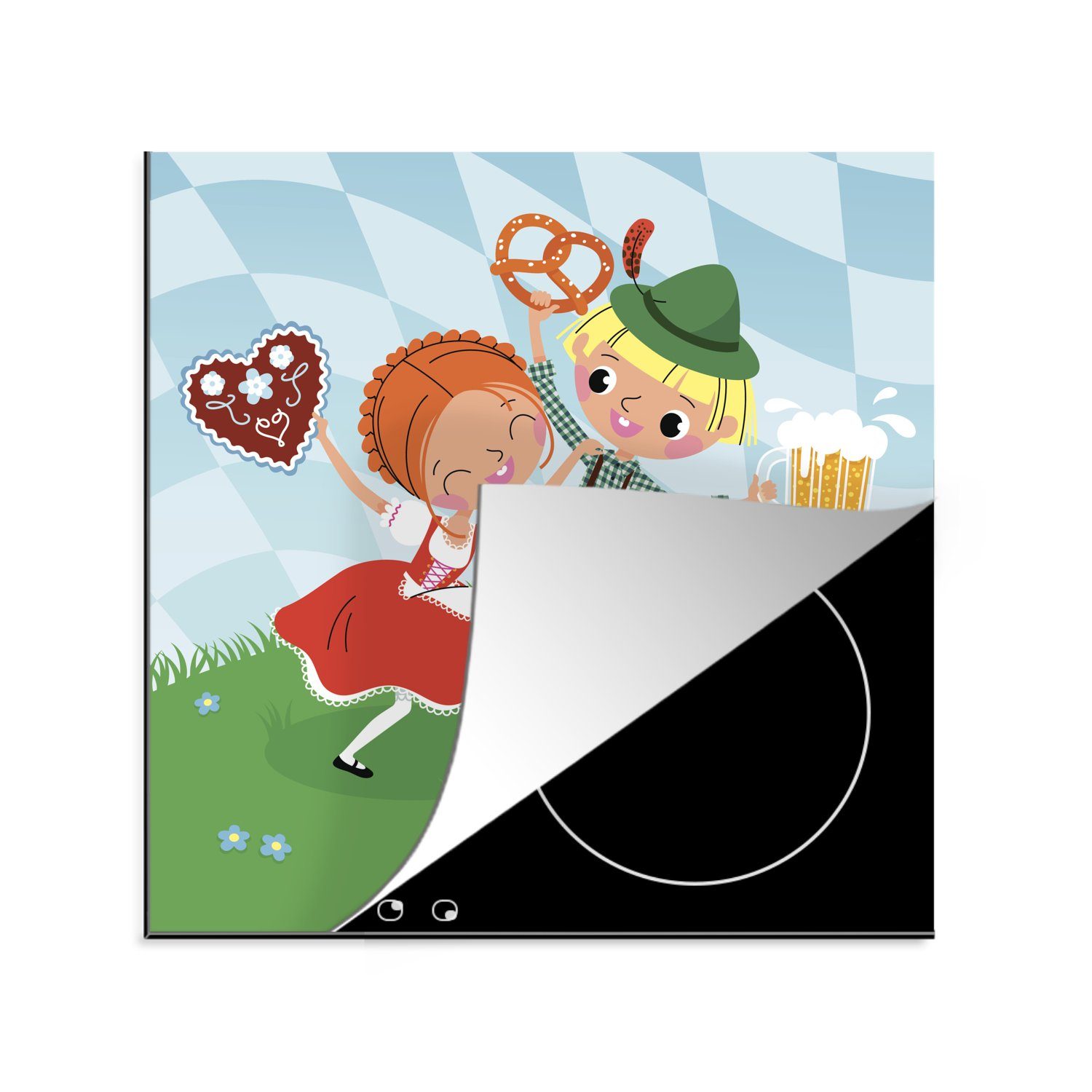 MuchoWow Herdblende-/Abdeckplatte Illustration von zwei Personen in österreichischer Tracht auf dem, Vinyl, (1 tlg), 78x78 cm, Ceranfeldabdeckung, Arbeitsplatte für küche