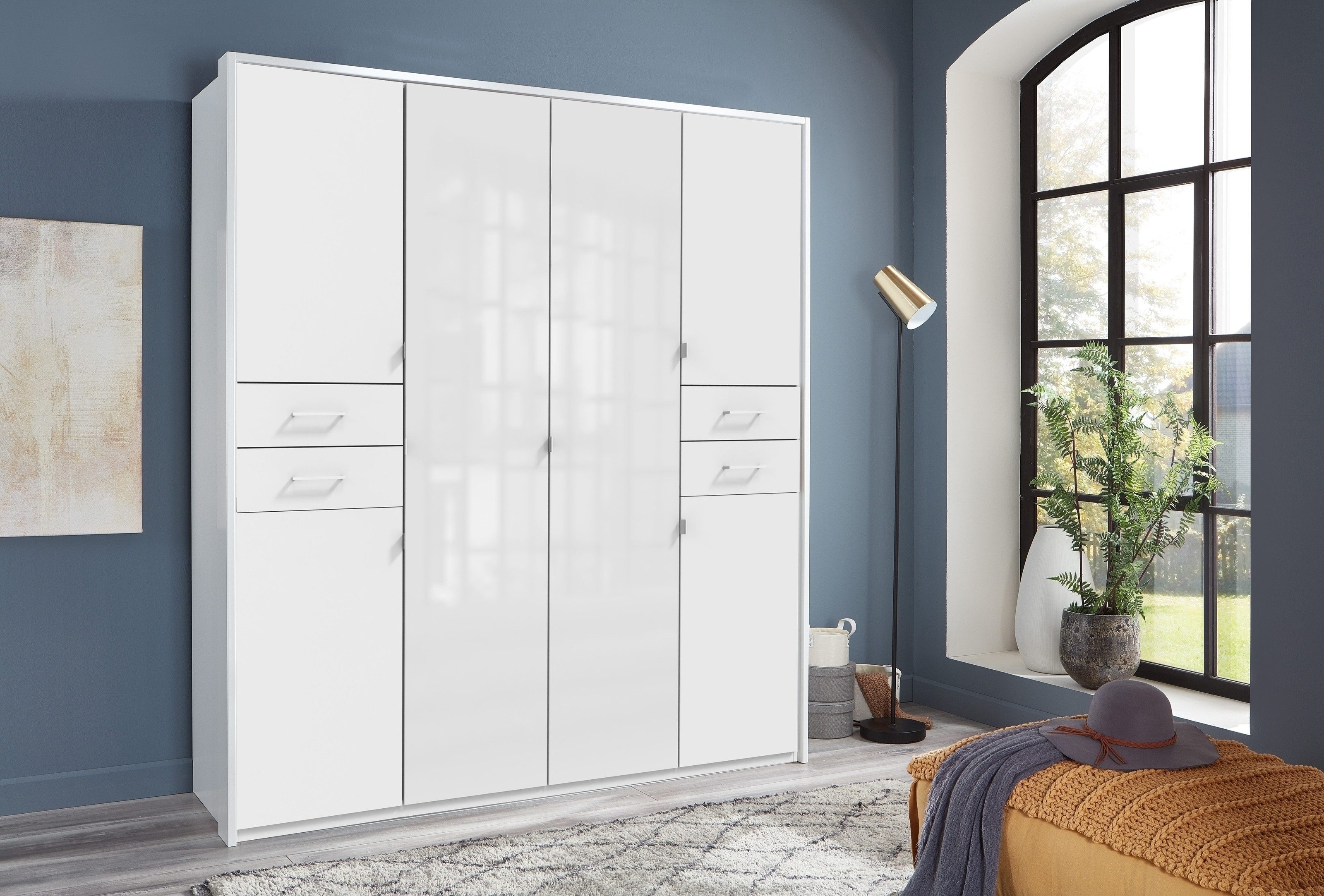 Drehtürenschrank in WEISS + GLAS WEISS - 180x208x58cm (BxHxT)