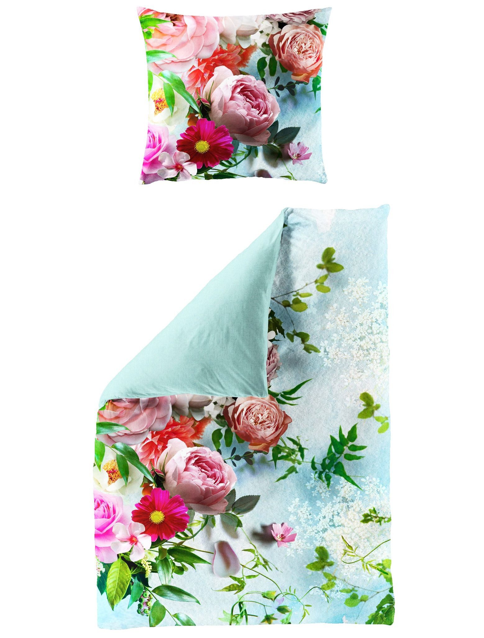 JACK Wendebettwäsche 135x200cm Digitaldruck Blumen Pfingstrose Bierbaum, Satin, 2 teilig, bunt, rosa, grün, seidiger Glanz, elegantes Motiv
