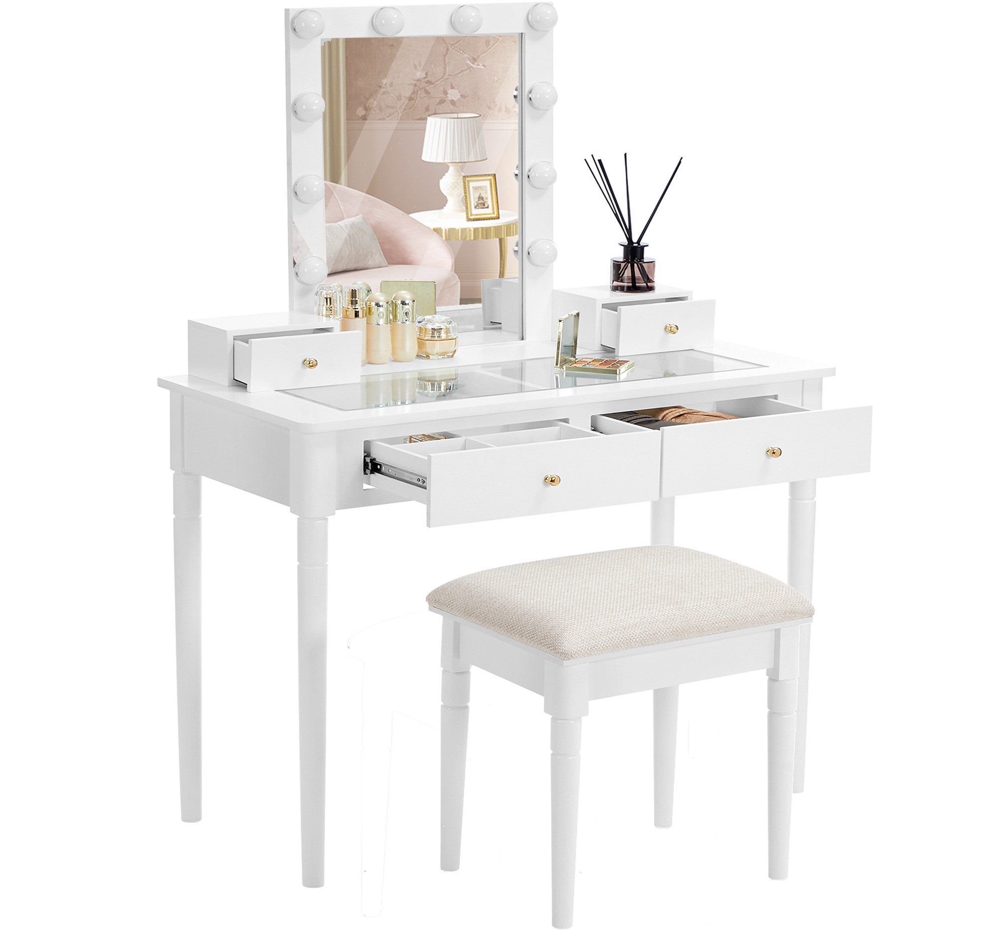 VASAGLE Schminktisch, 10 Glühbirnen, transparente Tischplatte aus Hartglas