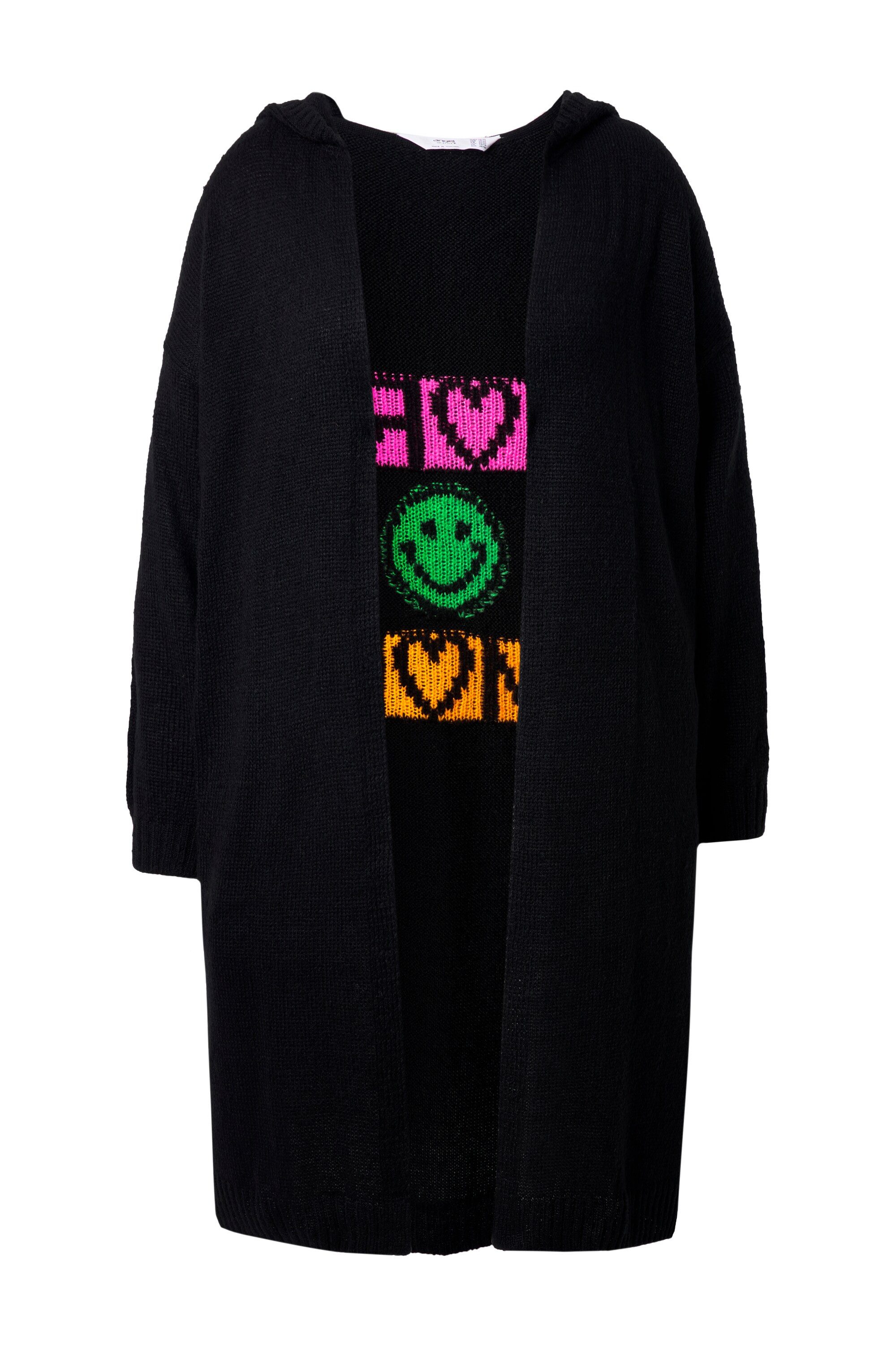Strickjacke Long-Strickjacke Rücken-Schriftzug offene Form