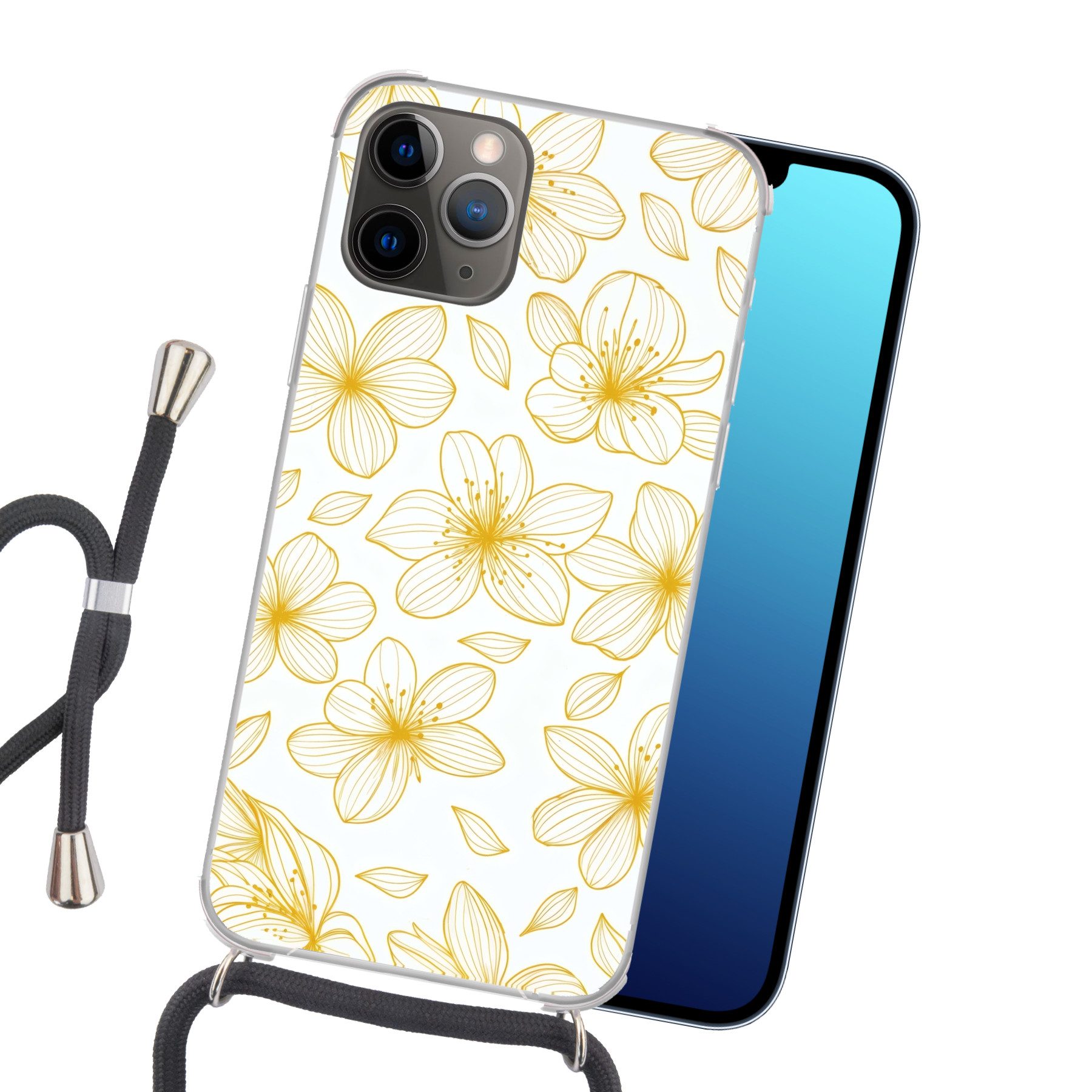 MuchoWow Handyhülle für Apple iPhone 13 Pro Max Blumen - Muster - Illustration - Gelb, Tragbare Handyhüllen mit Kette zum umhängen, Handykette Handyband