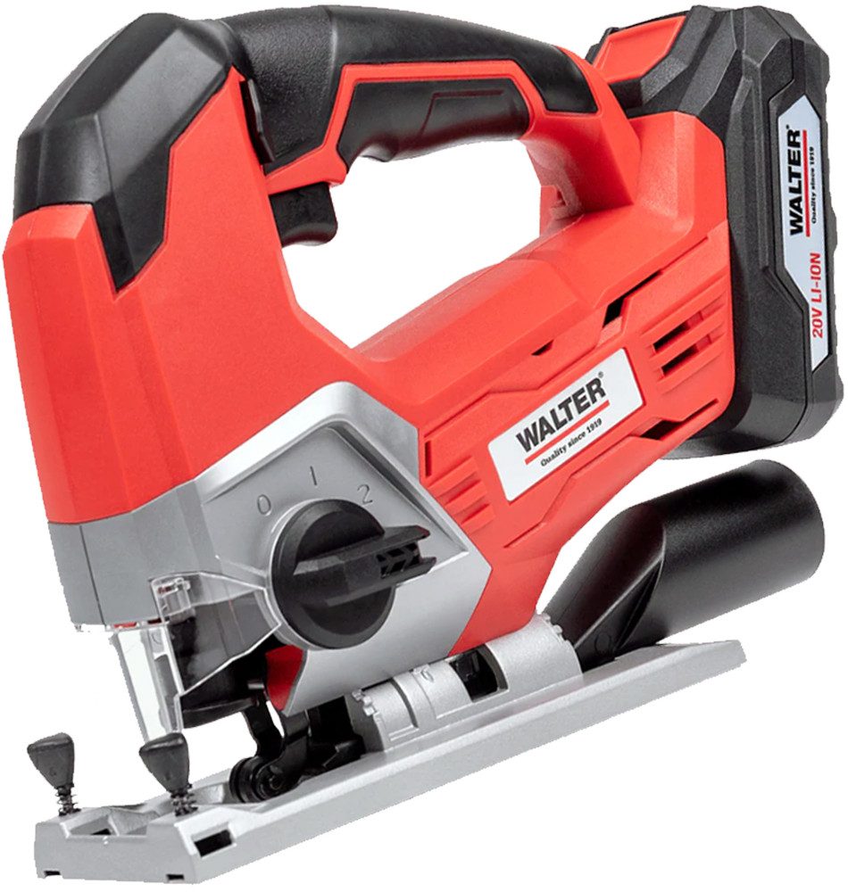 WALTER Akku-Stichsäge 20V Akku Pendelhubstichsäge Stichsäge inkl. Akku (2Ah) und Ladegerät, Stichsäge mit drei Pendelstufen und bis zu 45° neigbarem Sägeschuh