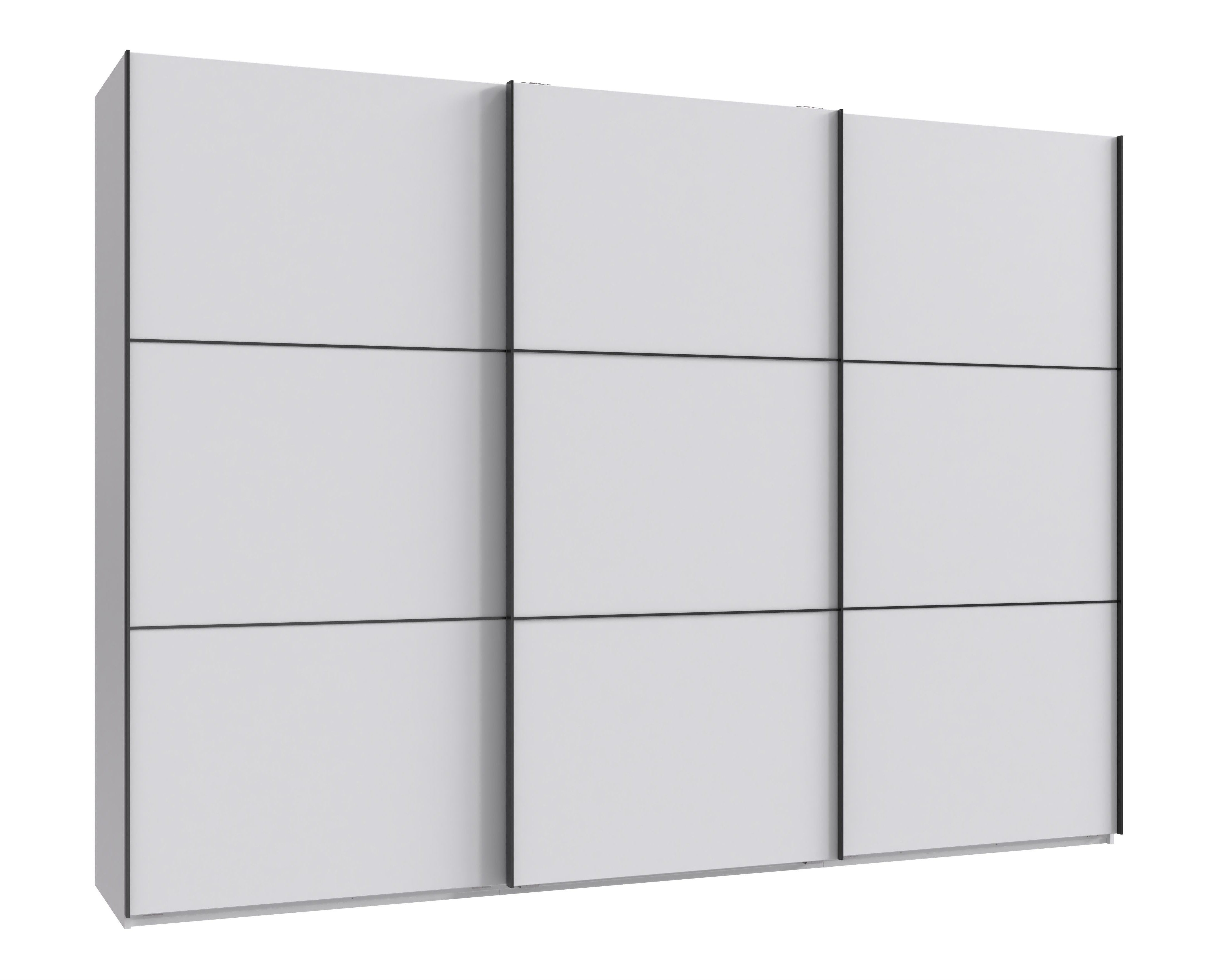 luma-home Schwebetürenschrank 22016 (3-türiger Kleiderschrank mit Vollausstattung als optimale Stauraumlösung) B300/H216/T65 cm in Weiß mit schwarzen Griffleisten