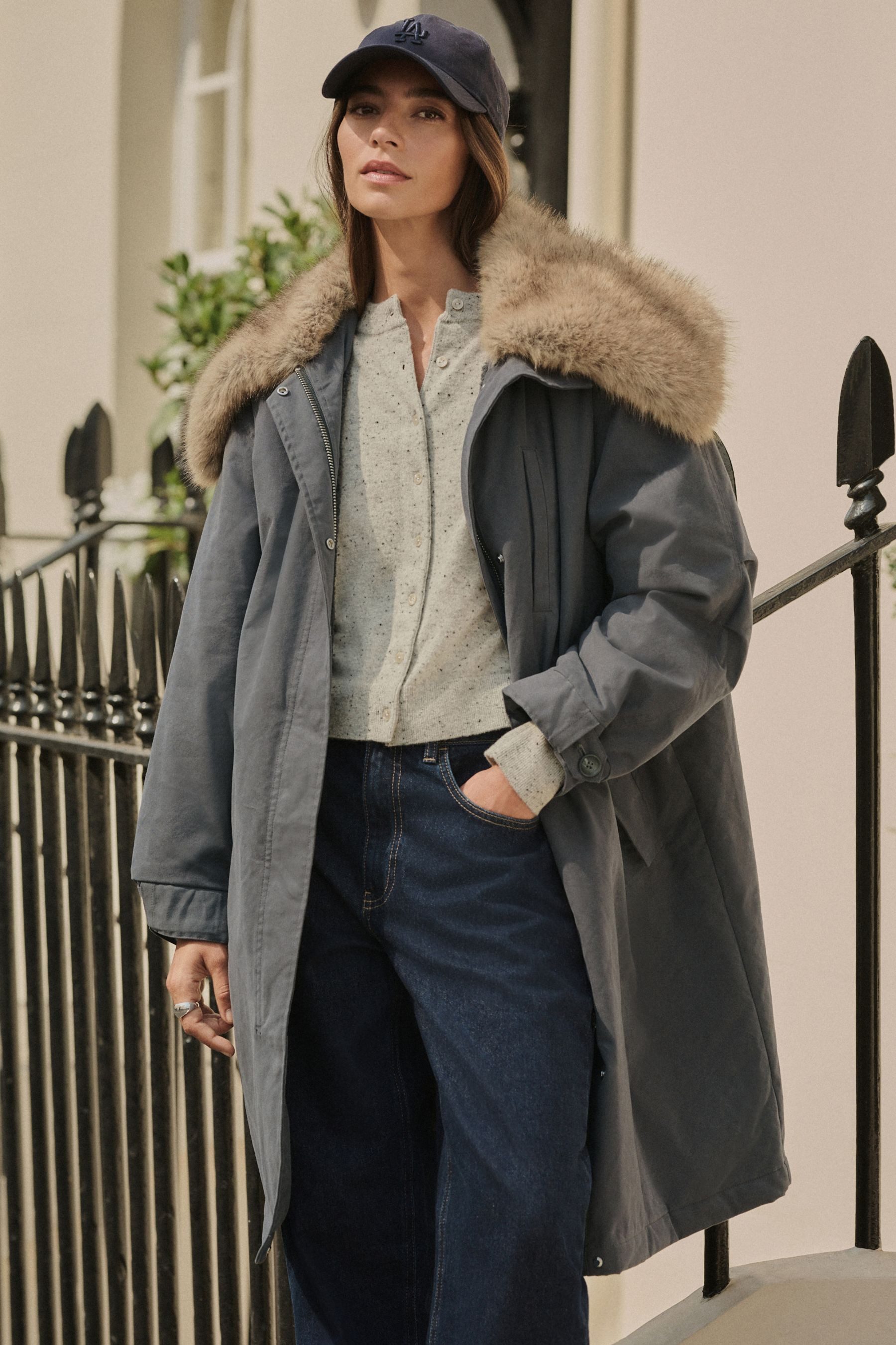 Next Fellimitatmantel Premium Parka mit Kunstfellkragen (1-tlg)
