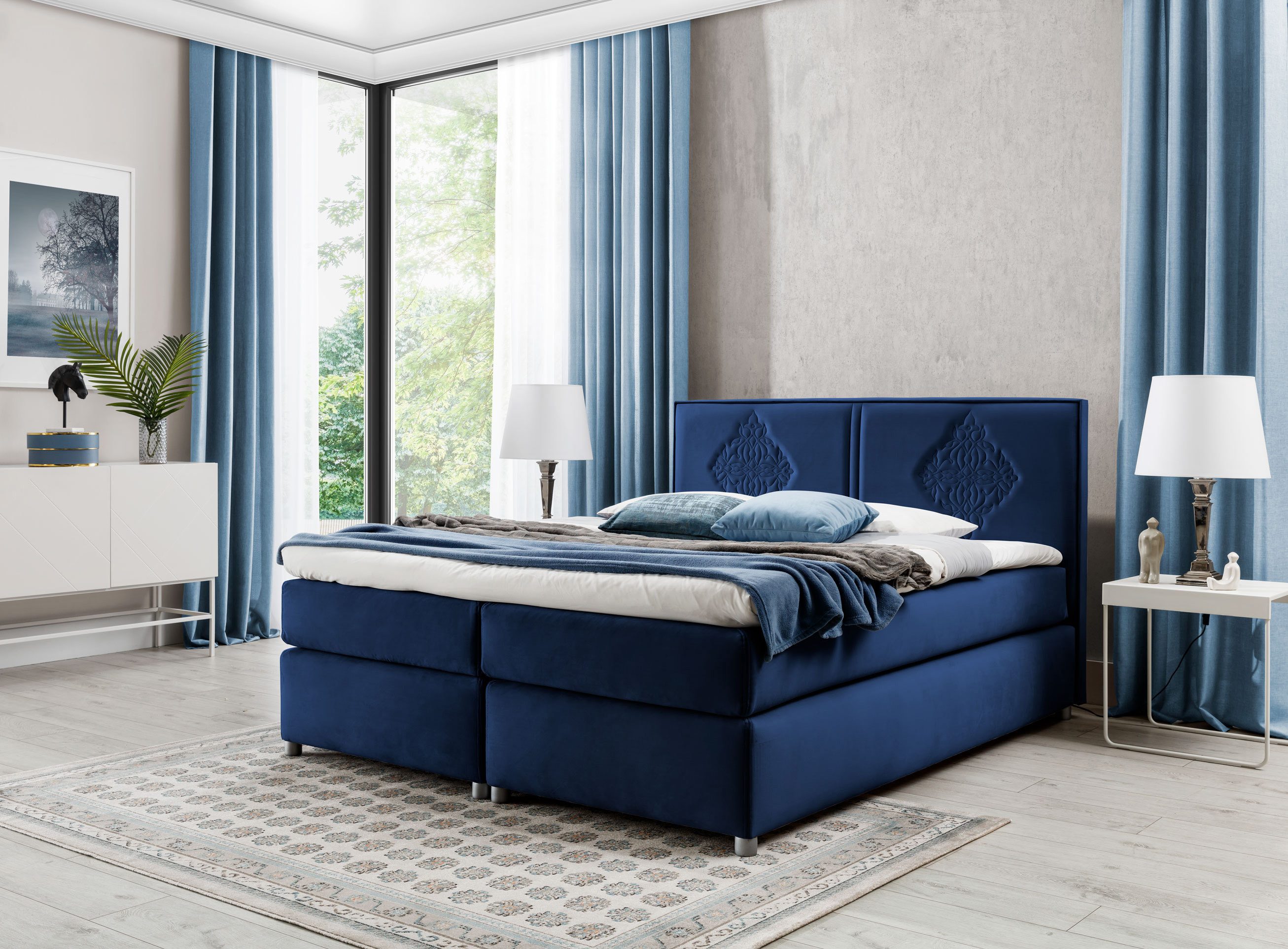 JVmoebel Boxspringbett Polsterbett in Blau mit Edelstahlfüßen und Stauraum (1-St)