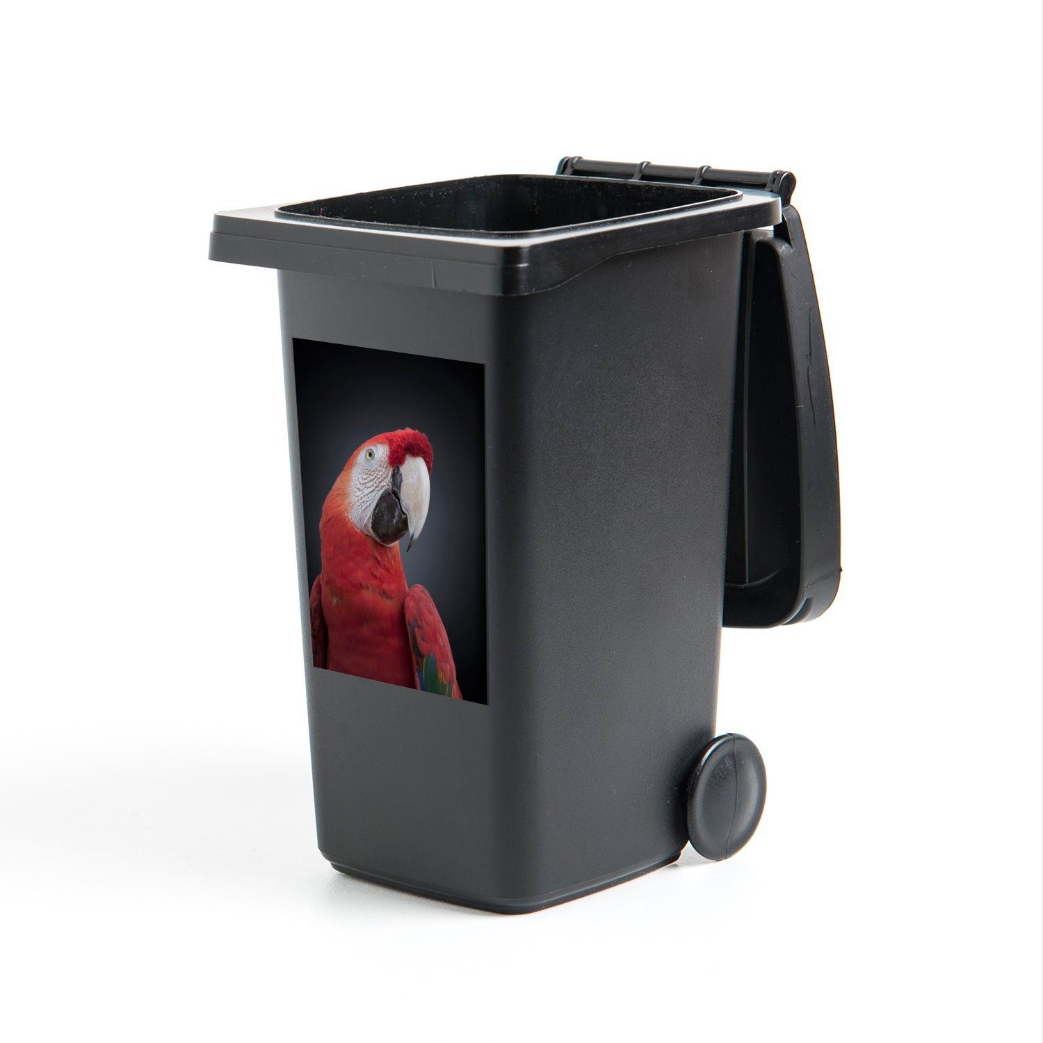 MuchoWow Wandsticker Roter Ara Papagei auf schwarzem Hintergrund (1 St), Mülleimer-aufkleber, Mülltonne, Sticker, Container, Abfalbehälter