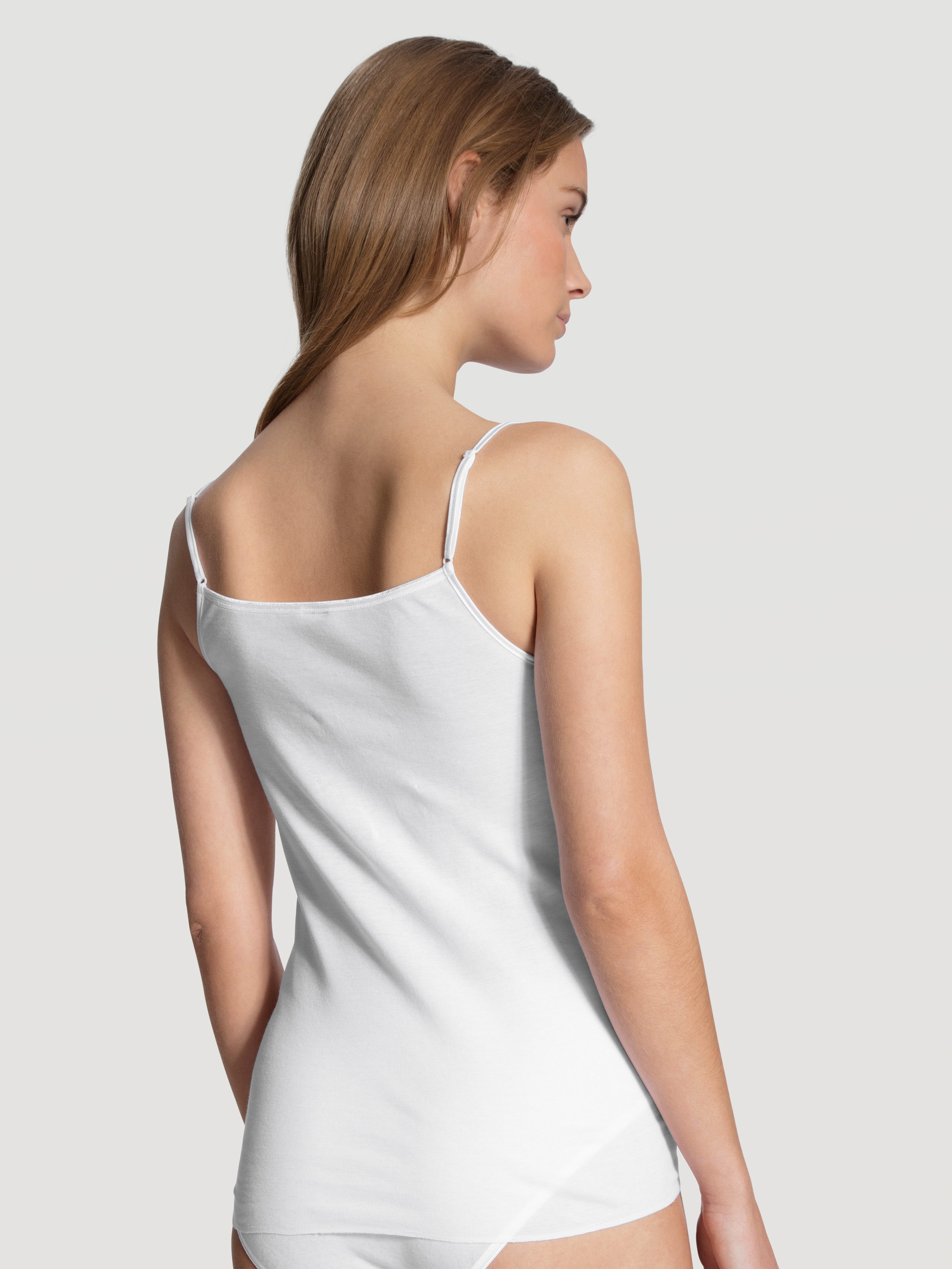 CALIDA Spaghettitop Feminin Sense mit Spitzen-Einsatz, Pure Cotton, tiefer Ausschnitt, Single Jersey