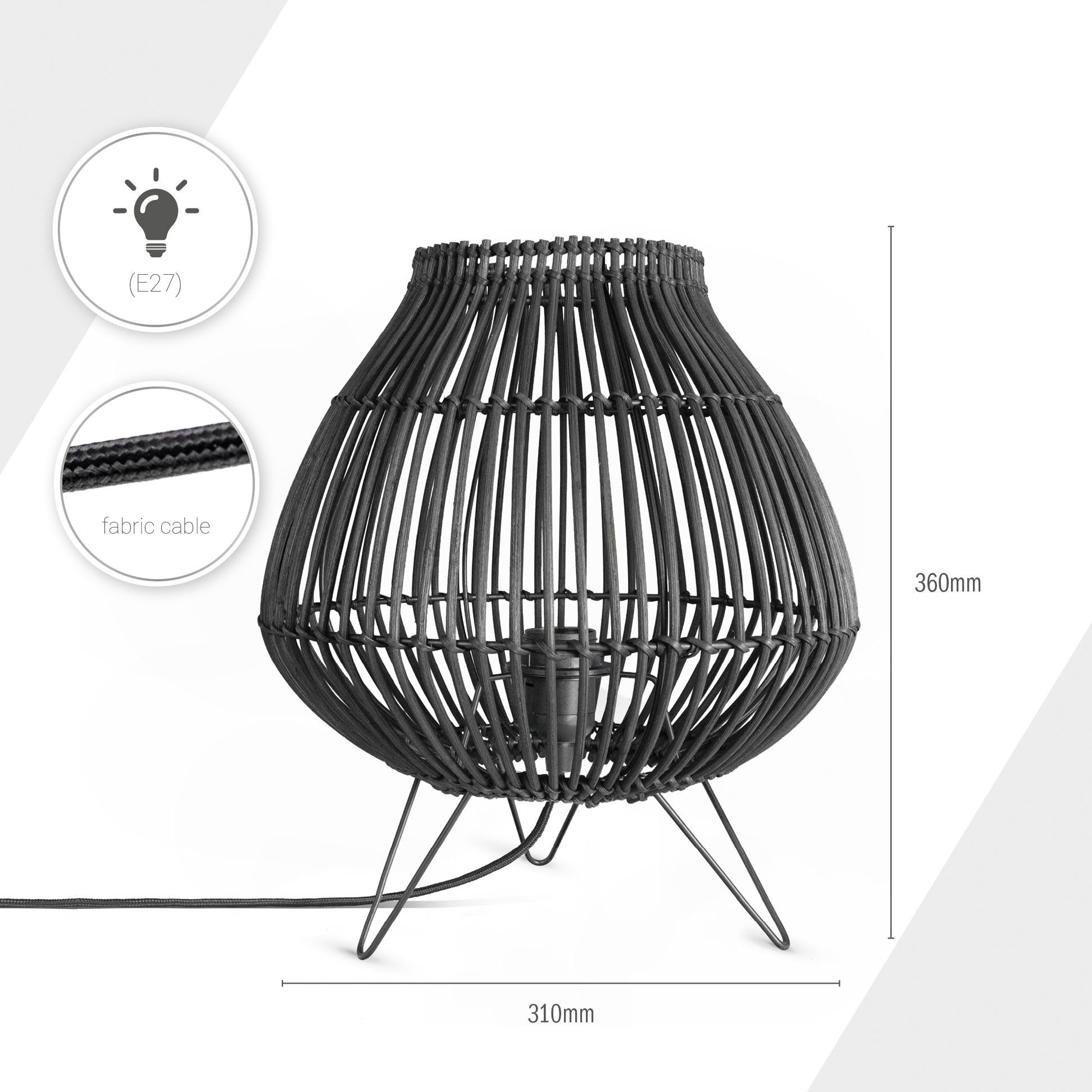 Boho Tischleuchte LED Home Rattan Nacht E27 Dreibein Paco ohne Korblampe PURI, Leuchtmittel,