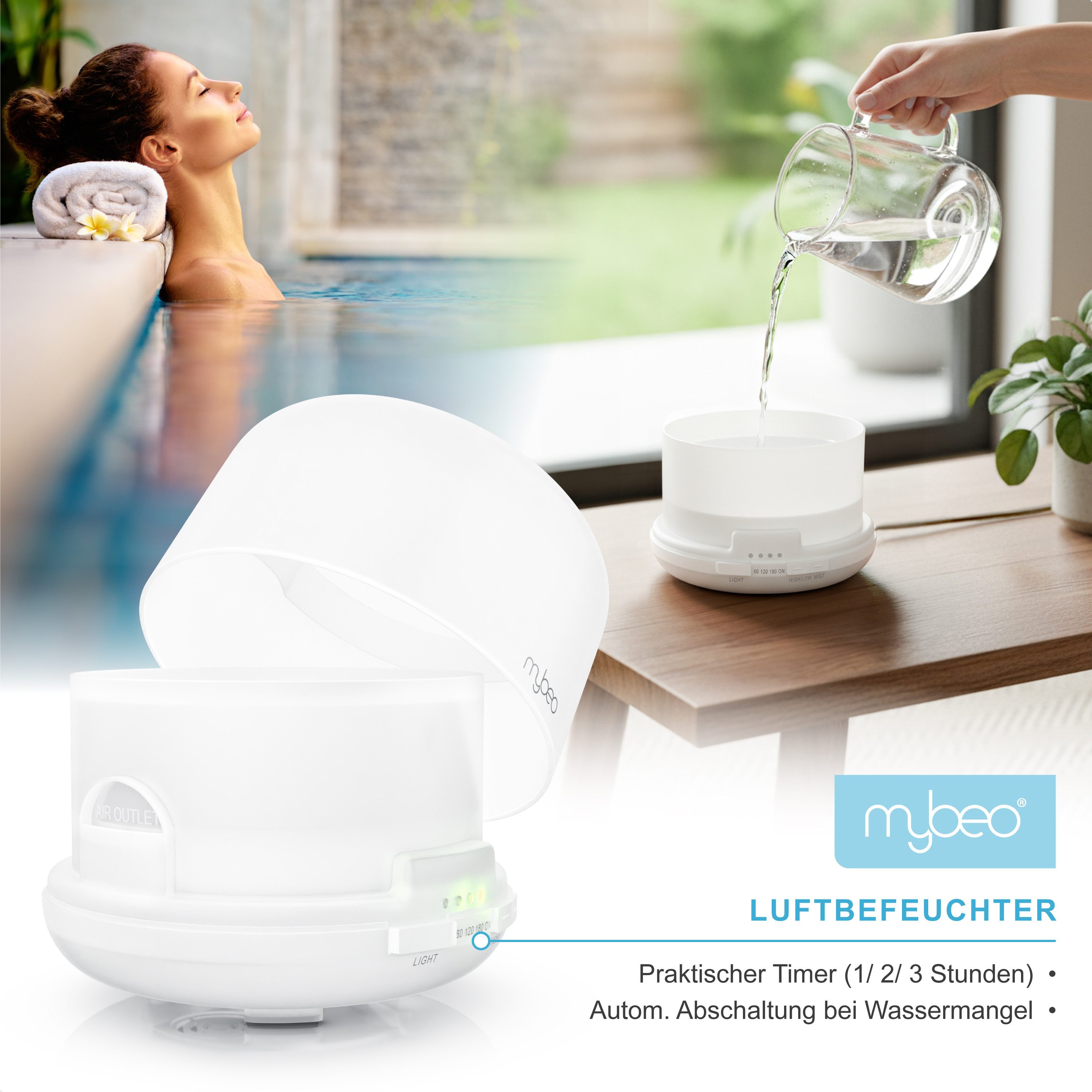 MyBeo Luftbefeuchter Aroma Diffuser 0,5 L mit Stimmungslicht in 7 Farben, 2 Nebelstufen, 0,5 l Wassertank, RGB, Timer, Fernbedienung, für Wohn- und Schlafzimmer, Yoga, Spa