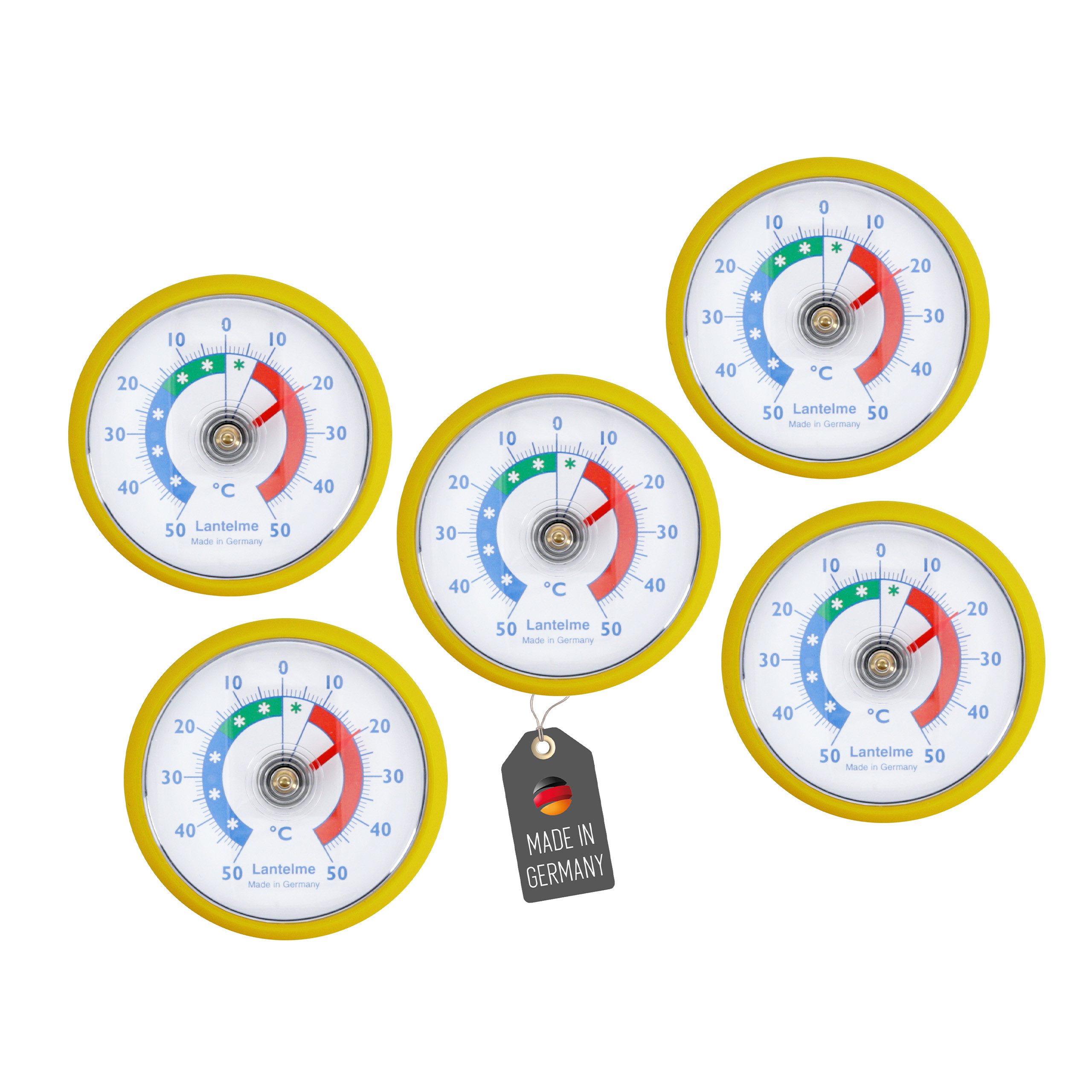 Lantelme Kühlschrankthermometer 5 Stück Set Farbwahl Selbstklebend Gefrierschrank Kühlfach Thermometer, 5-tlg., Klebepad anbei, Deutsche Herstellung, Analog ohne Energiequelle mit Bimetallfeder Temperatur + - 50°C