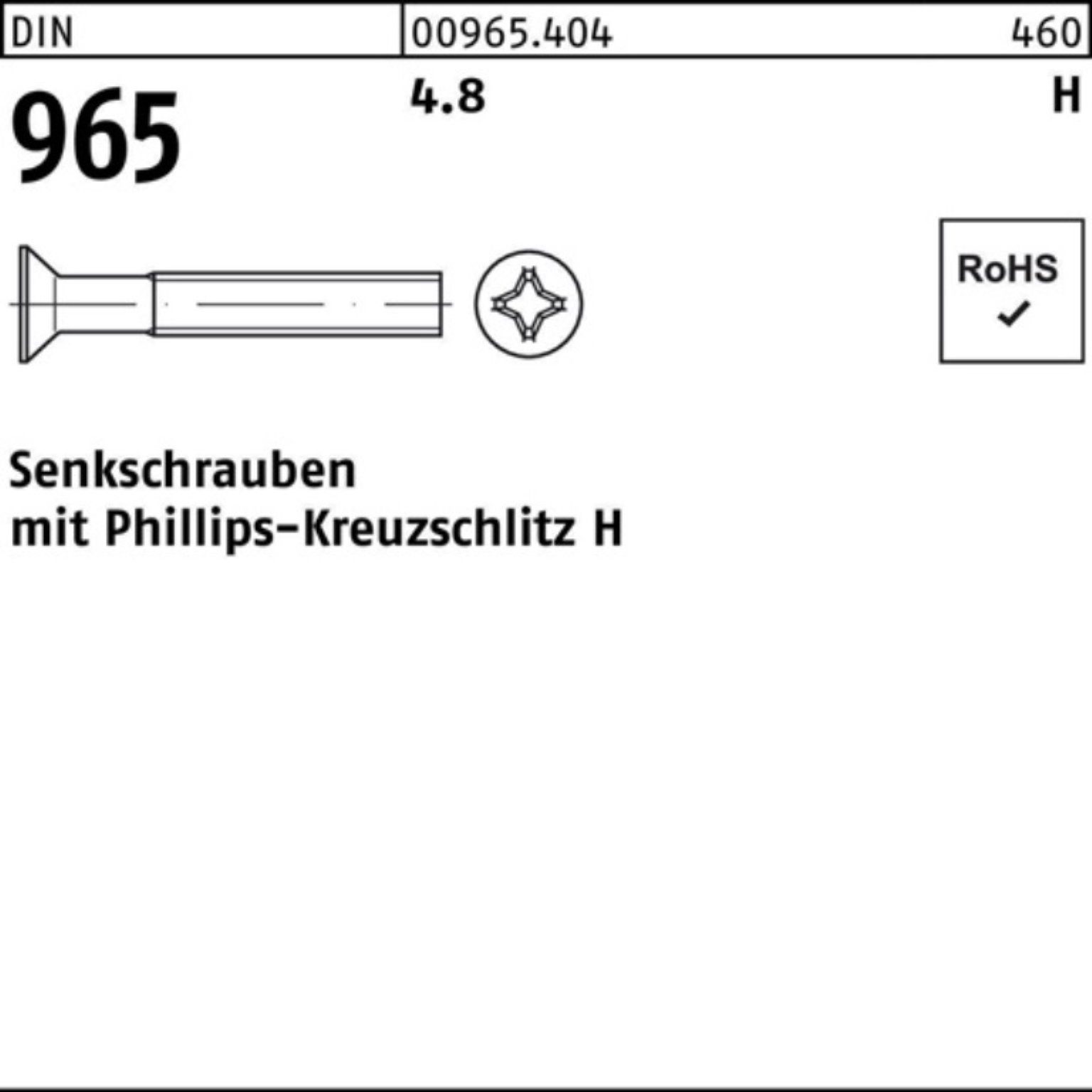 Reyher Senkschraube 200er Stück 30-H DIN 4.8 Senkschraube Pack 965 965 M6x 200 PH 4.8 DIN