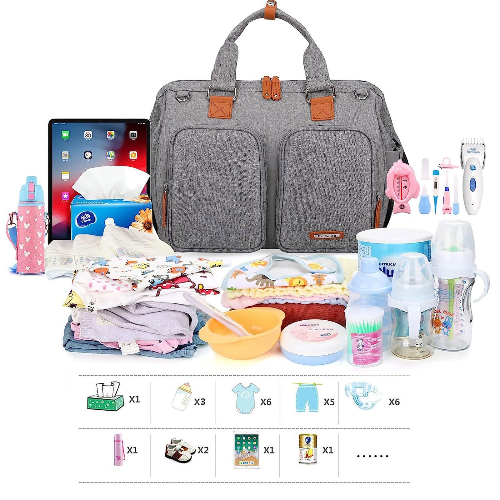 für Wickeltasche, Papa Umhängetasche Babytasche, Getrennt und (Windeln Henkeltasche unterwegs), Multifunktional, Nass/Trocken tragbarer Wickeltasche Baby mit Handyfach Multifunktions-Babytaschen mobiler Grau Handtasche Babyflasche mit isoliertem Wickelauflage Best Mama Flaschenhalter, Pomelo Tasche Milchfläsche