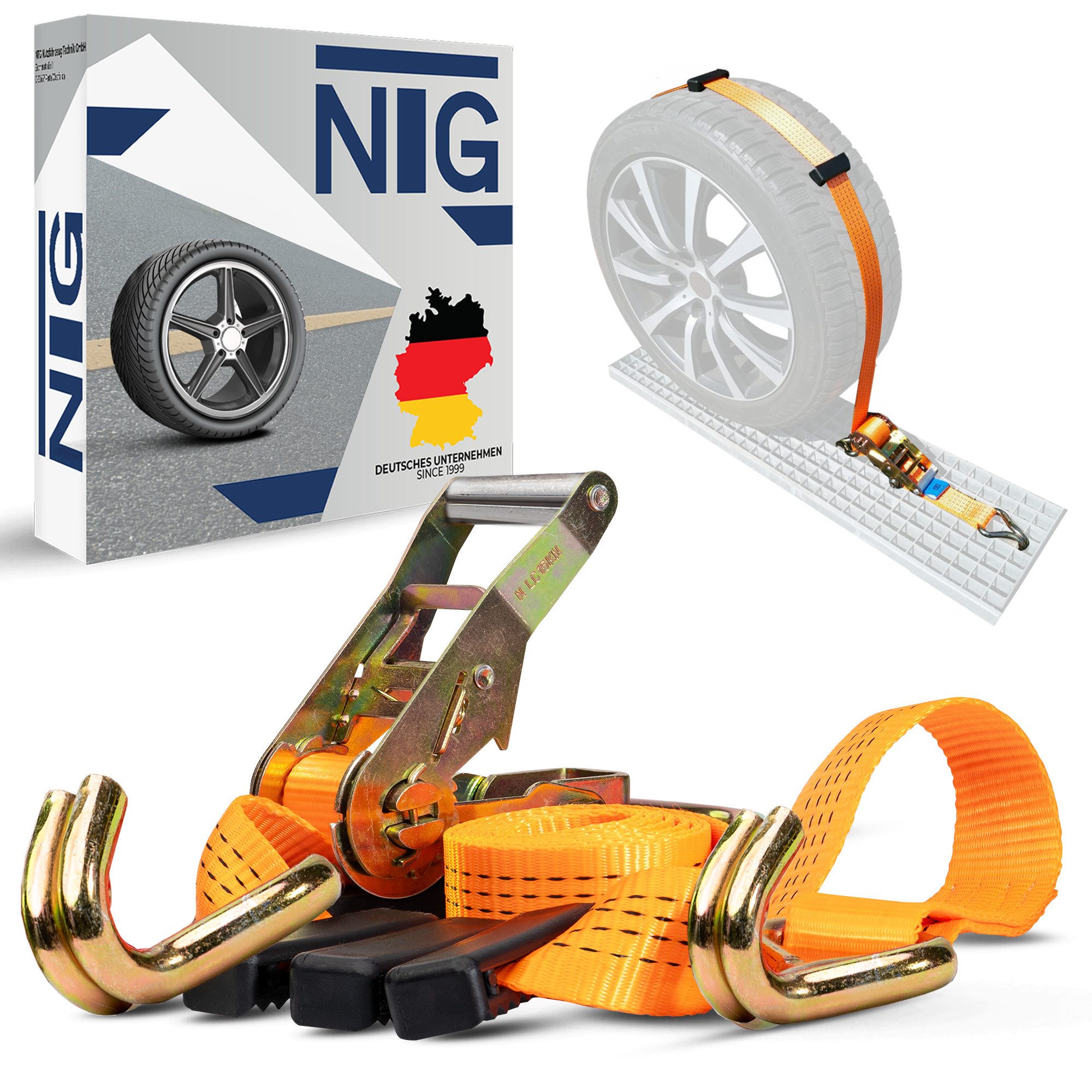 NTG Nutzfahrzeug Technik GmbH Spanngurt Autotransport Zurrgurte Gurt 1 Stück Set 50mm Reifengurt Кулон PKW (1-St) Zurrgurt Radsicherung PKW Reifengurt PKW Trailer KFZ Reifengurt